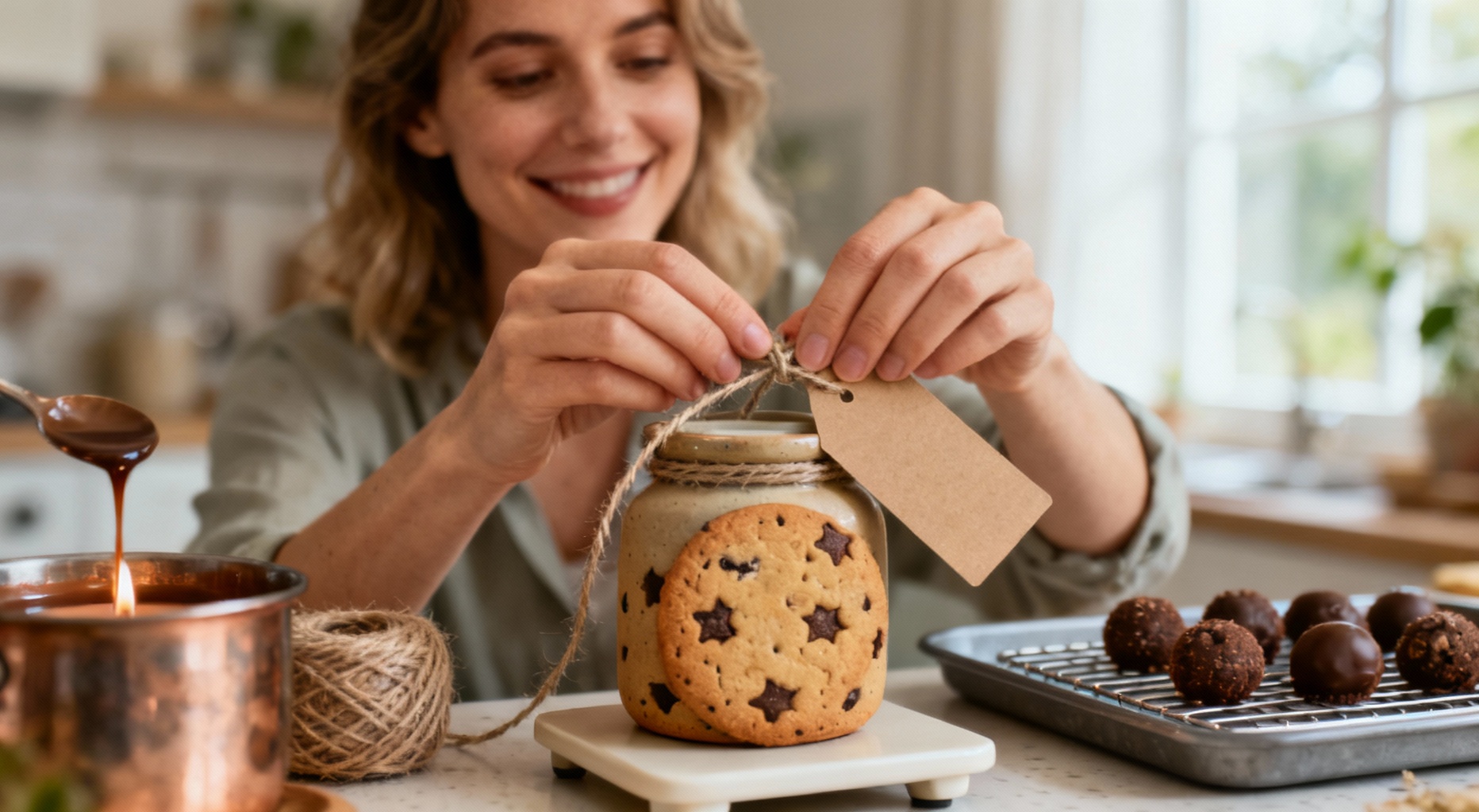 femme nouant ficelle sur pot biscuits