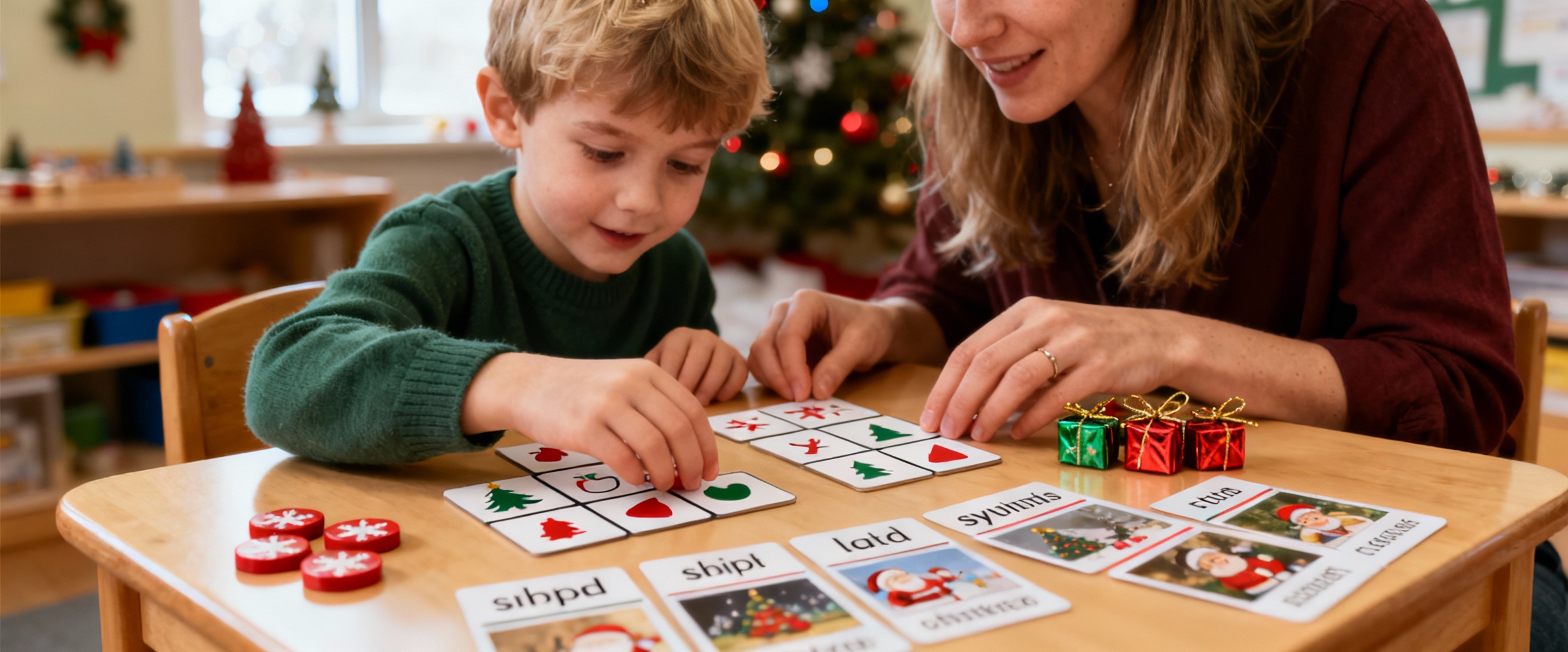 enfant et enseignant autour de jeux educatifs noel