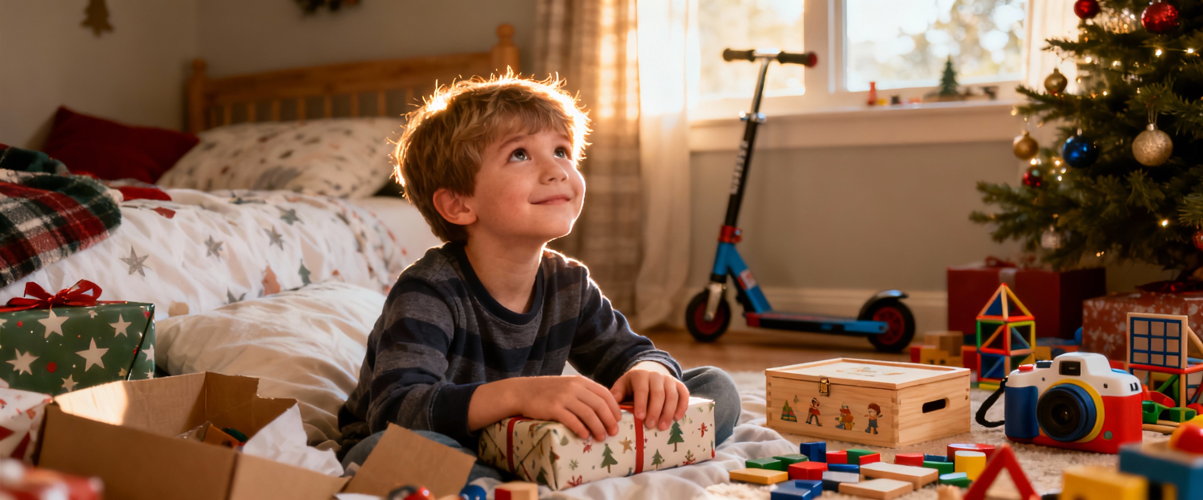 garcon souriant et cadeaux de noel