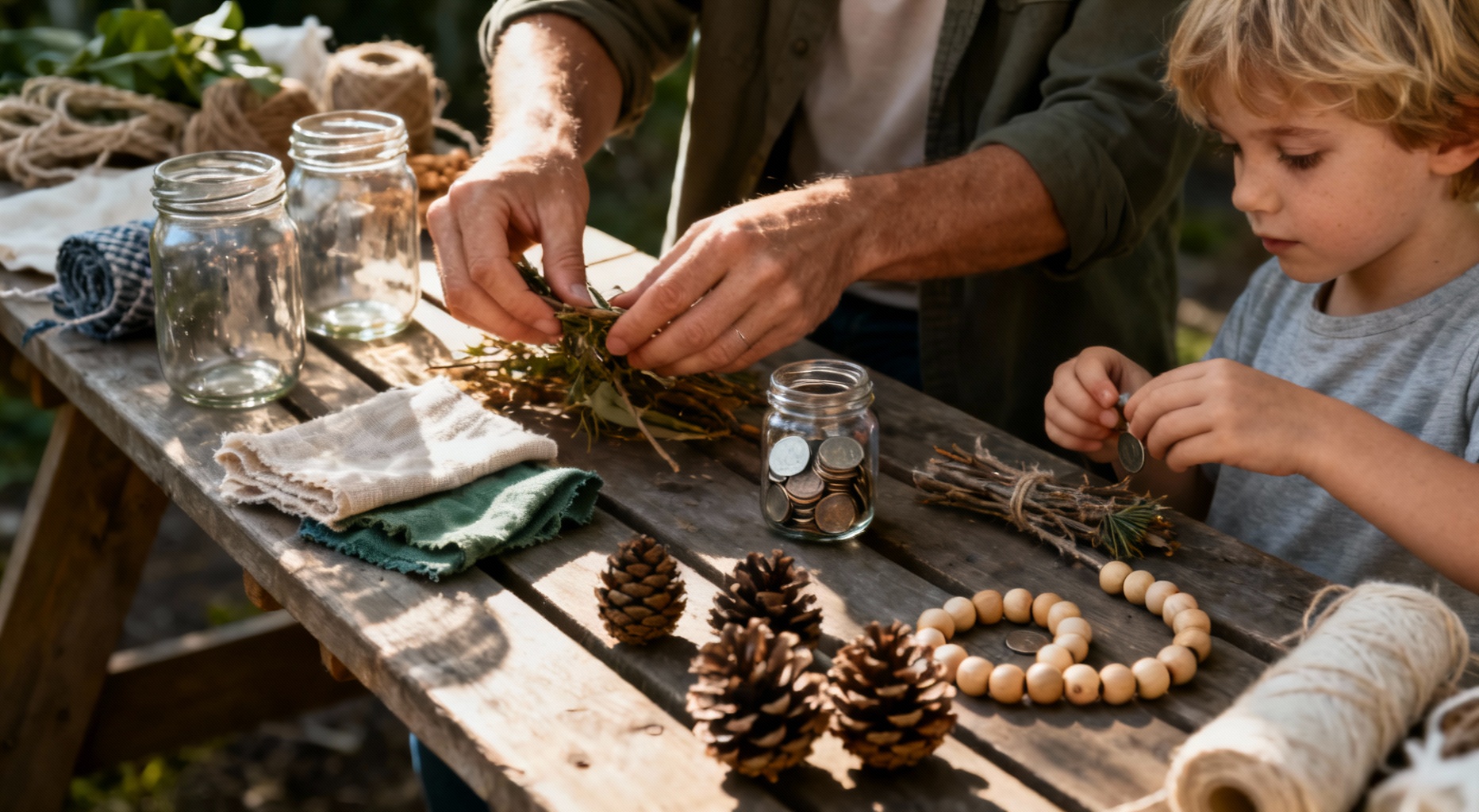 parent et enfant triant materiaux ecologiques
