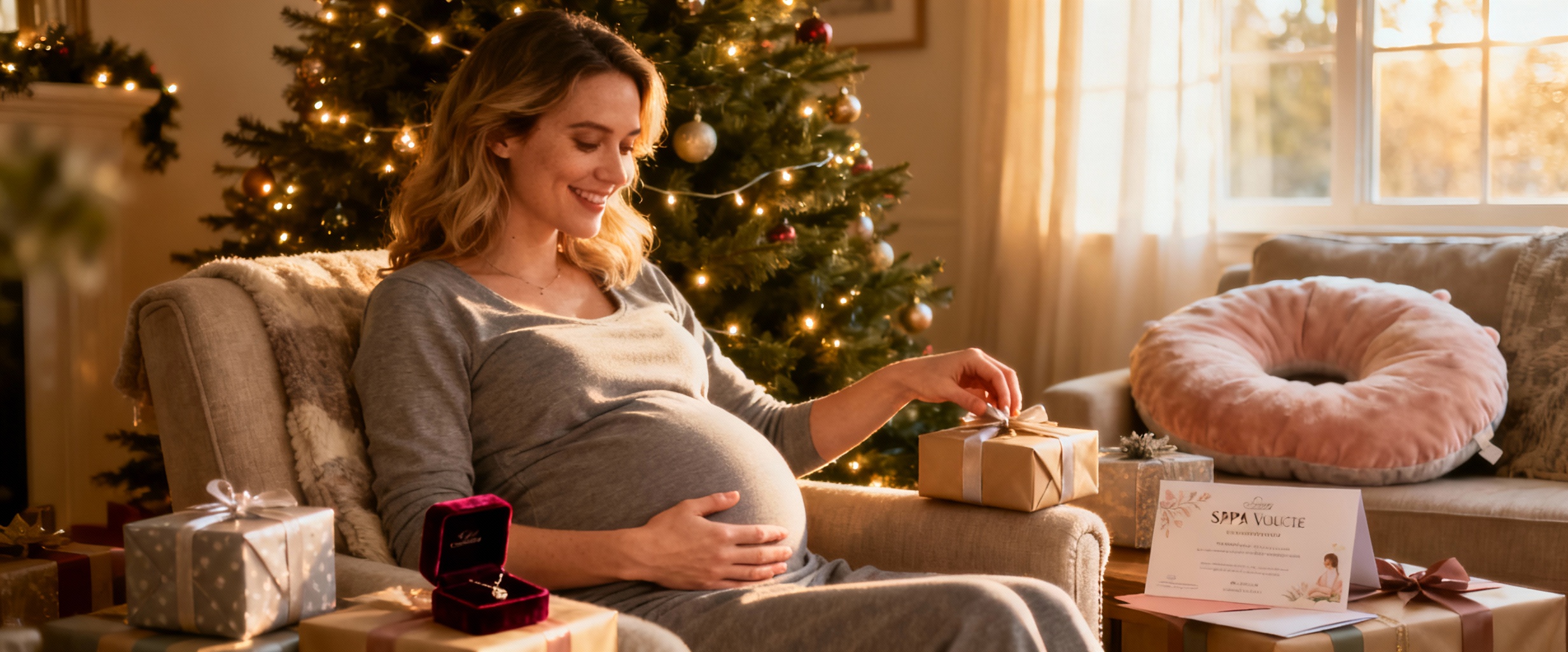 femme enceinte souriante au sapin