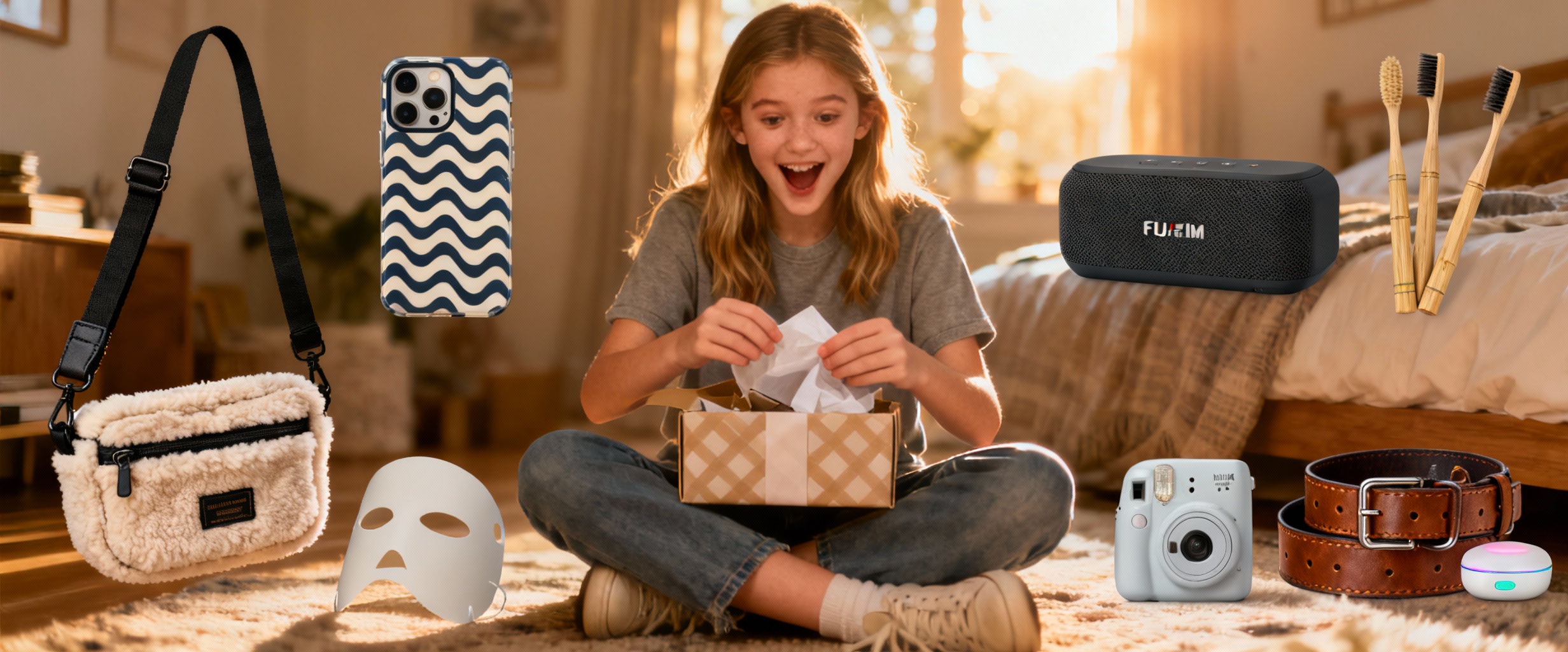 adolescente tendance avec cadeaux de noel