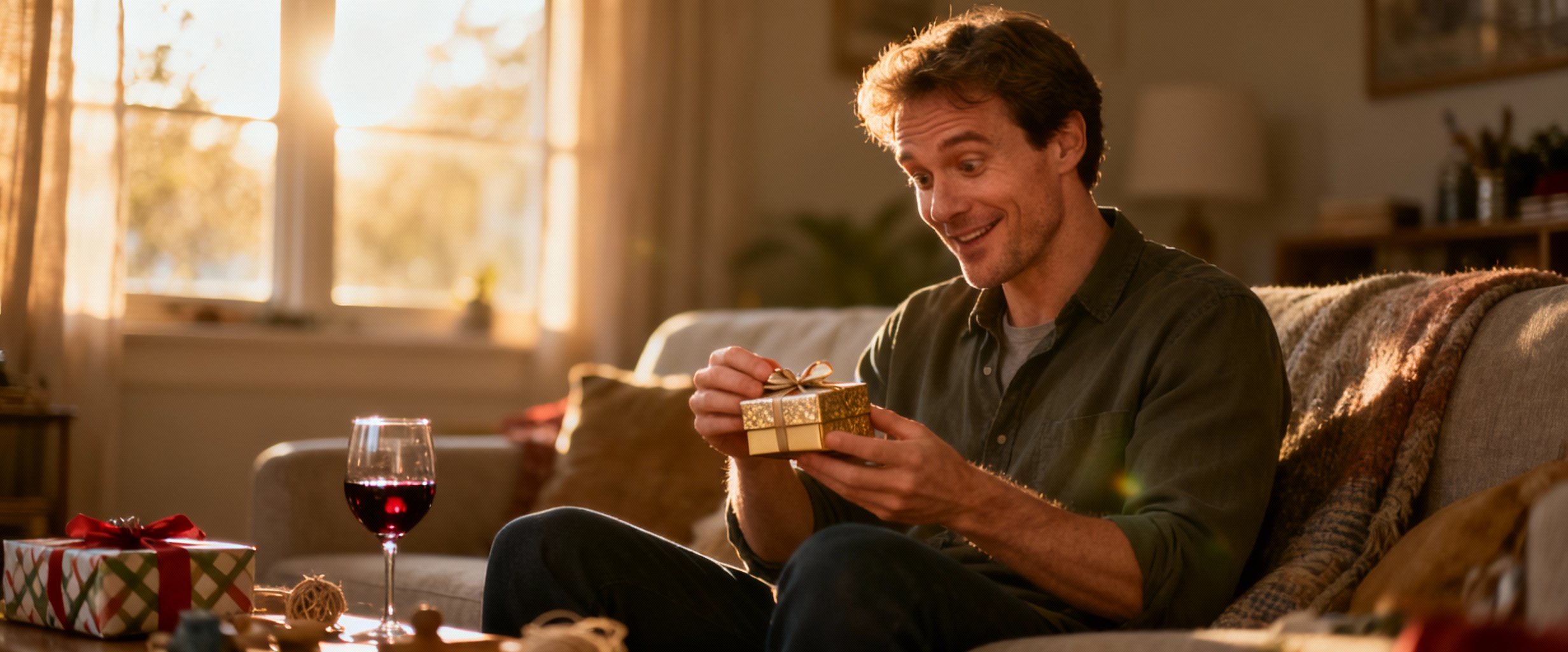 homme surpris ouvrant un cadeau elegant