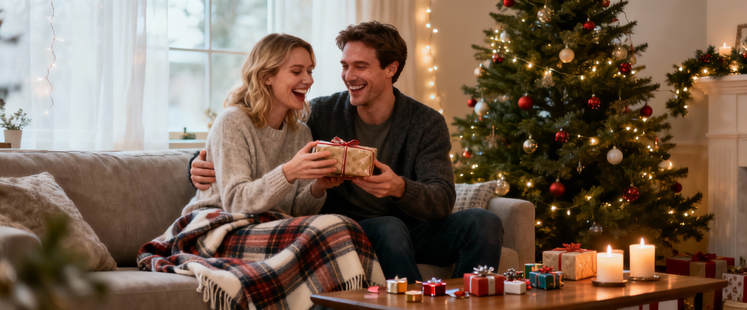 couple echangeant un cadeau experientiel pres du sapin