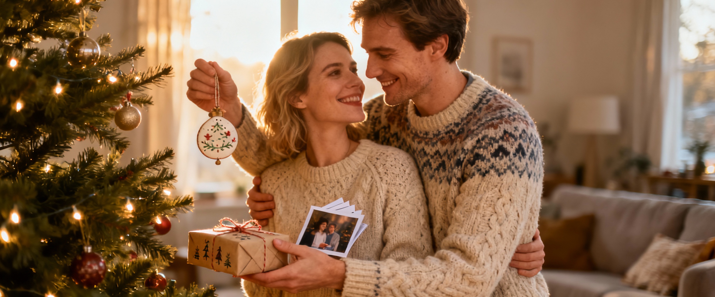couple echange cadeau pres du sapin
