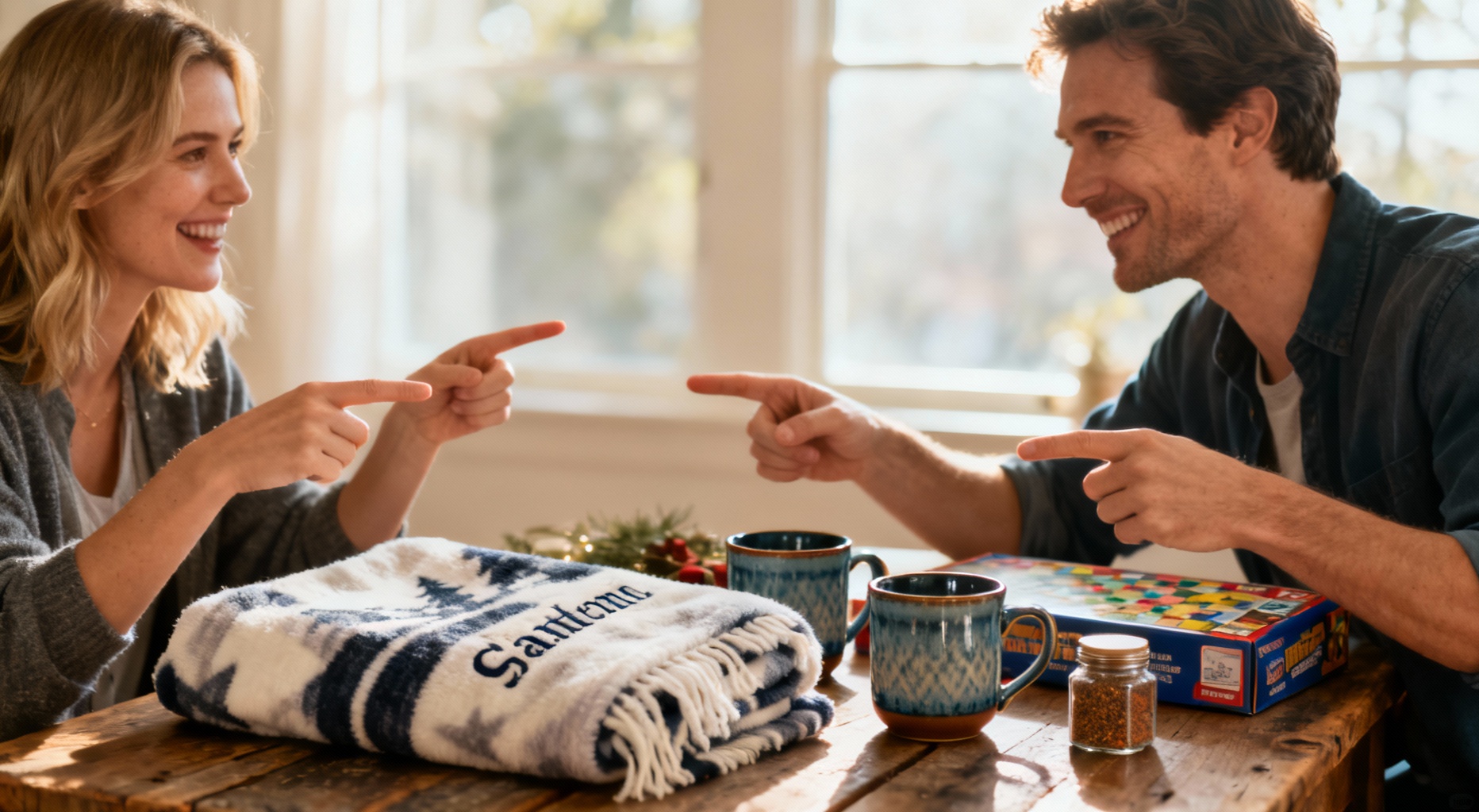 couple autour d une table rustique echange cadeaux
