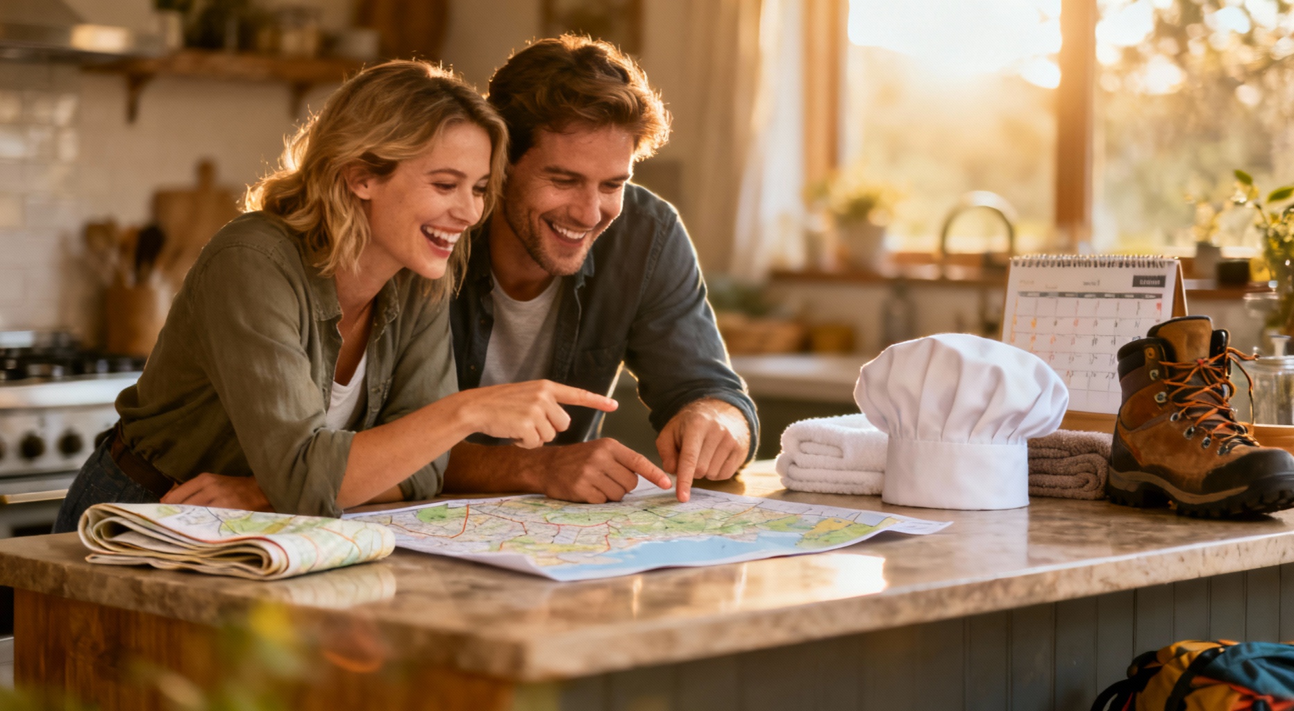 couple planifiant une experience dans une cuisine chaleureuse