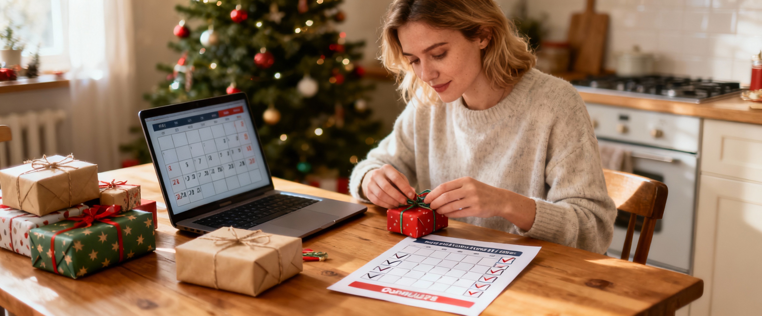 femme organise cadeaux de noel avec calendrier