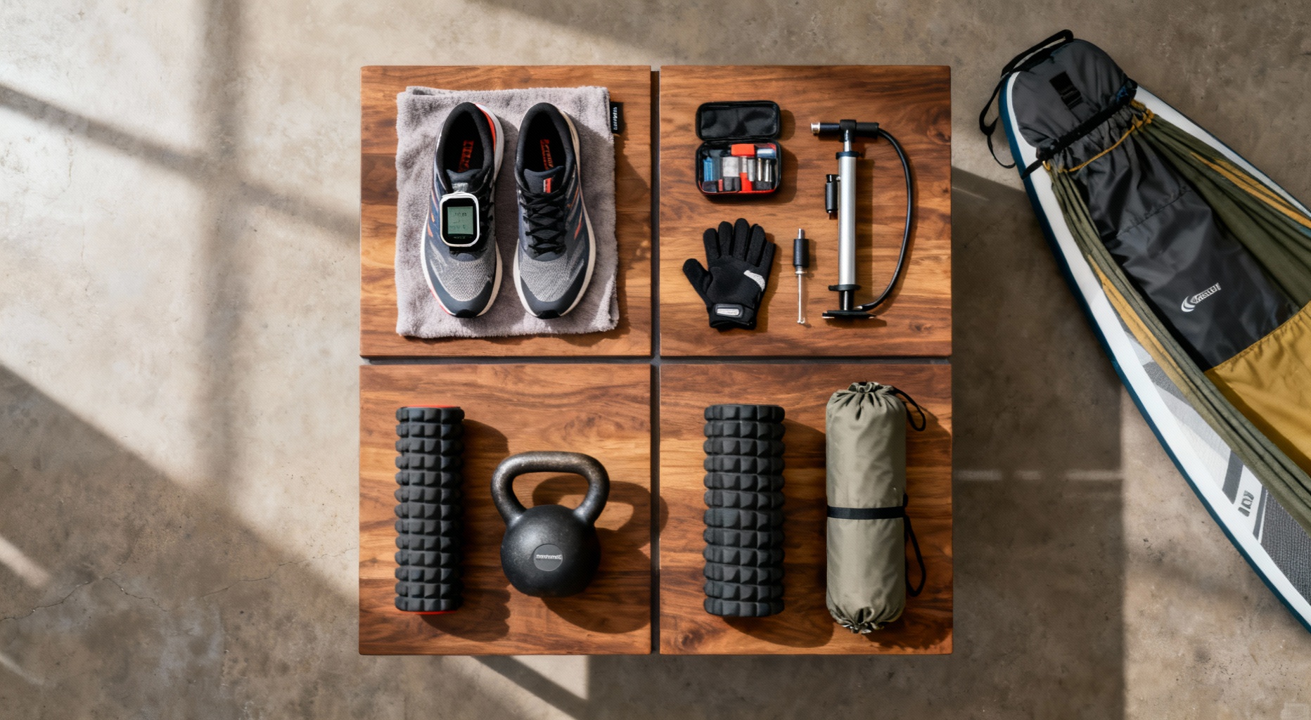 quadrants d equipement sportif en flat lay