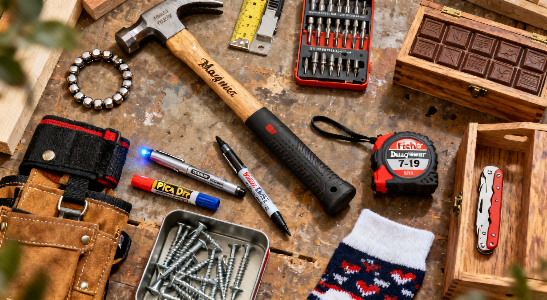 flat lay outils et cadeaux bricolage