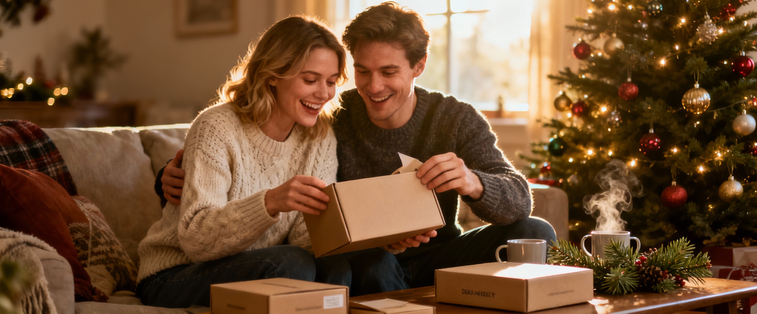 couple heureux ouvrant une box de noel