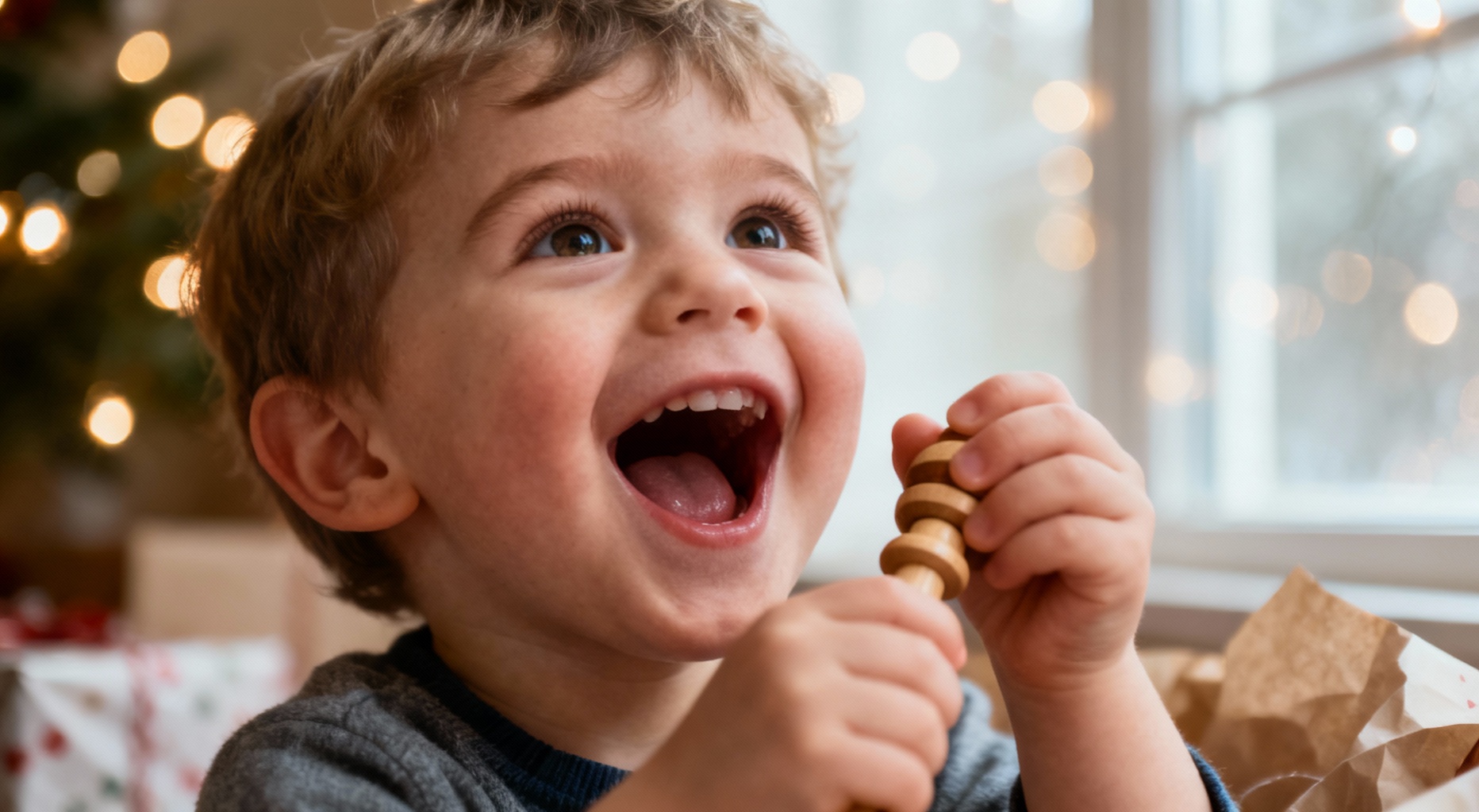 enfant caucasien souriant avec hochet en bois