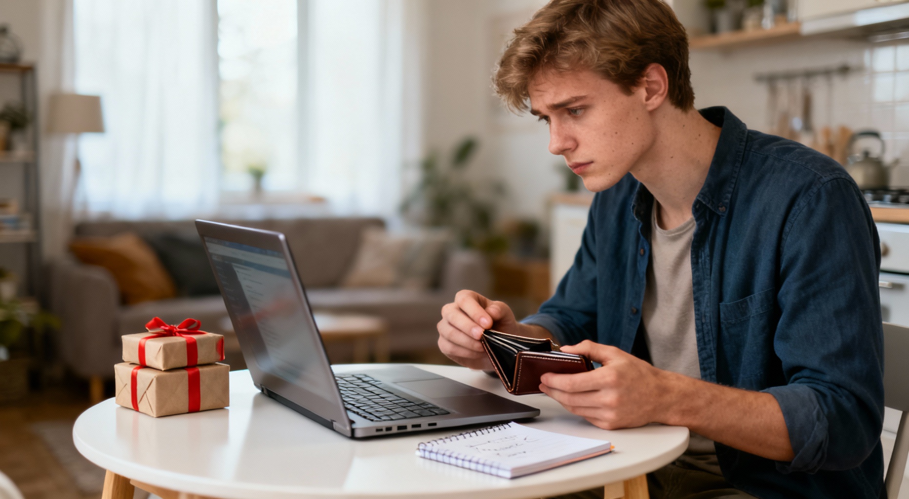jeune adulte regardant portefeuille ordinateur et cadeaux