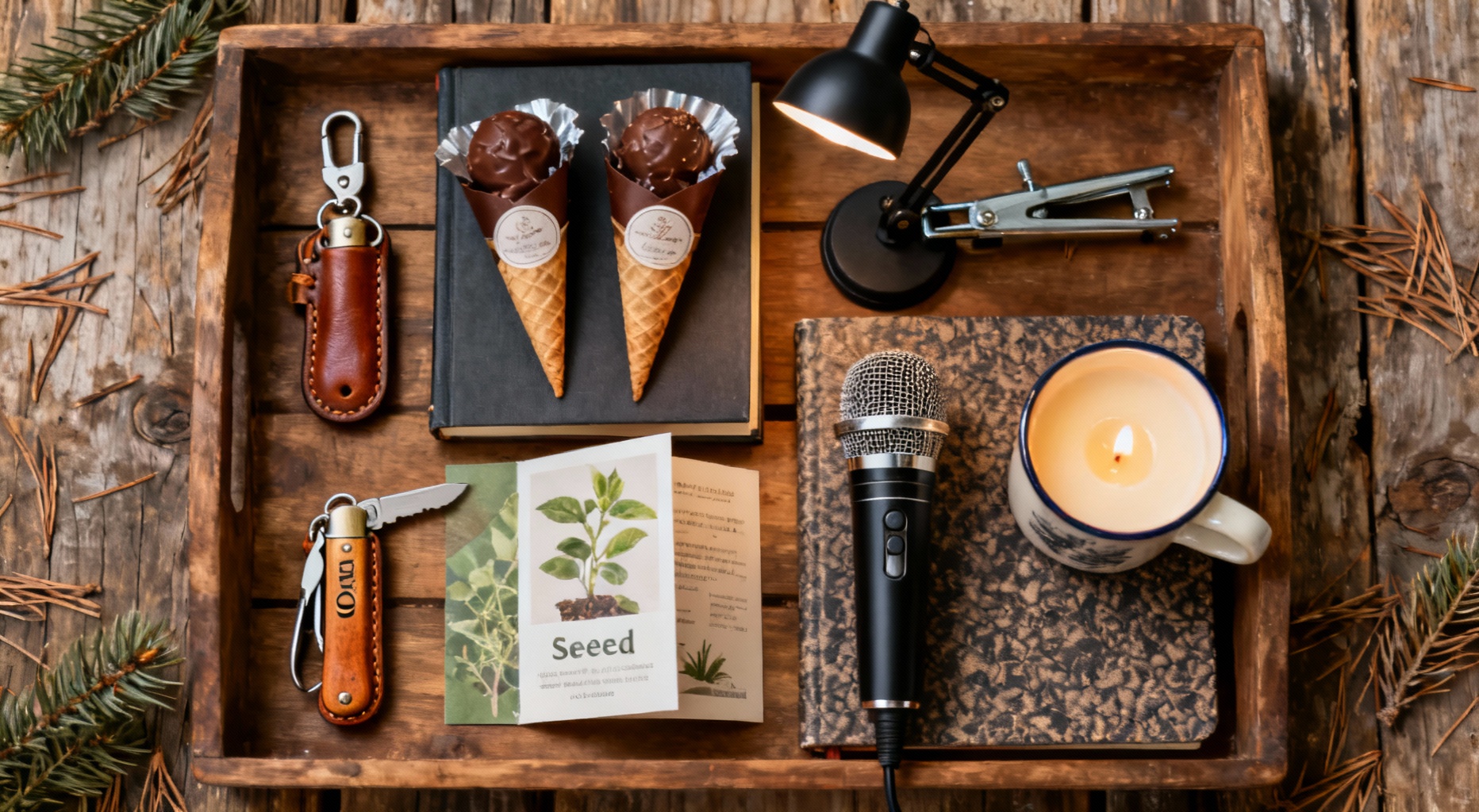 plateau en bois avec sept cadeaux