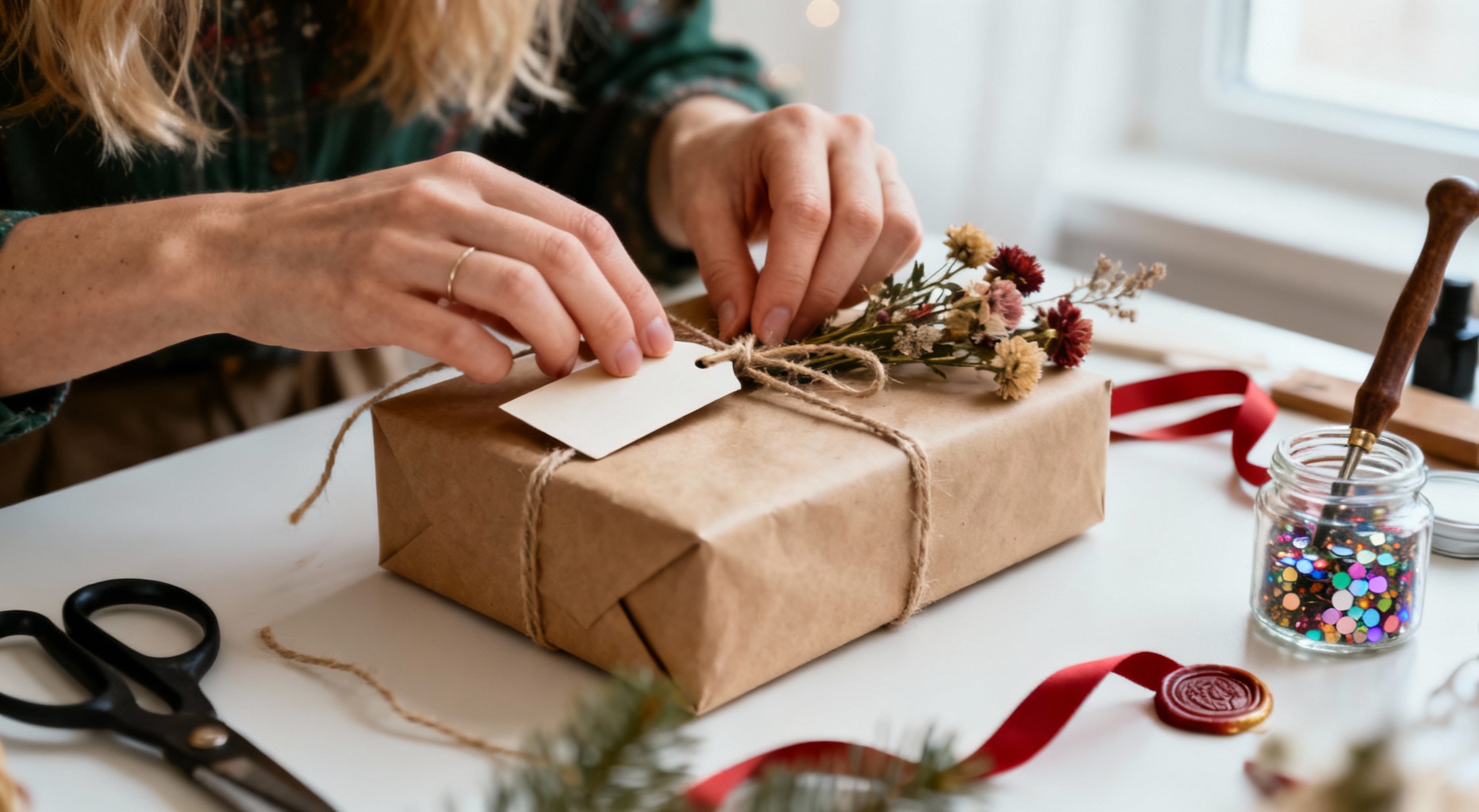 mains personnalisant un cadeau de noel