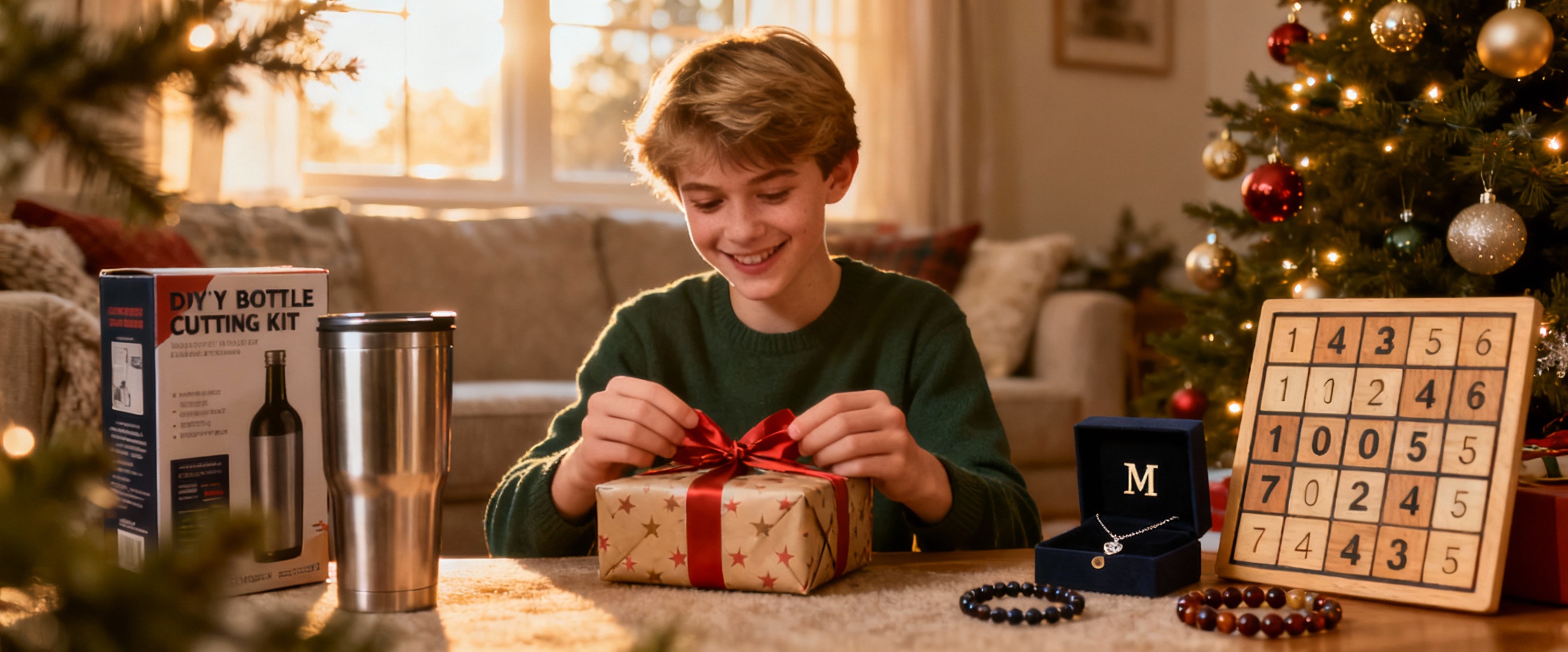 ado souriant ouvrant un cadeau de noel