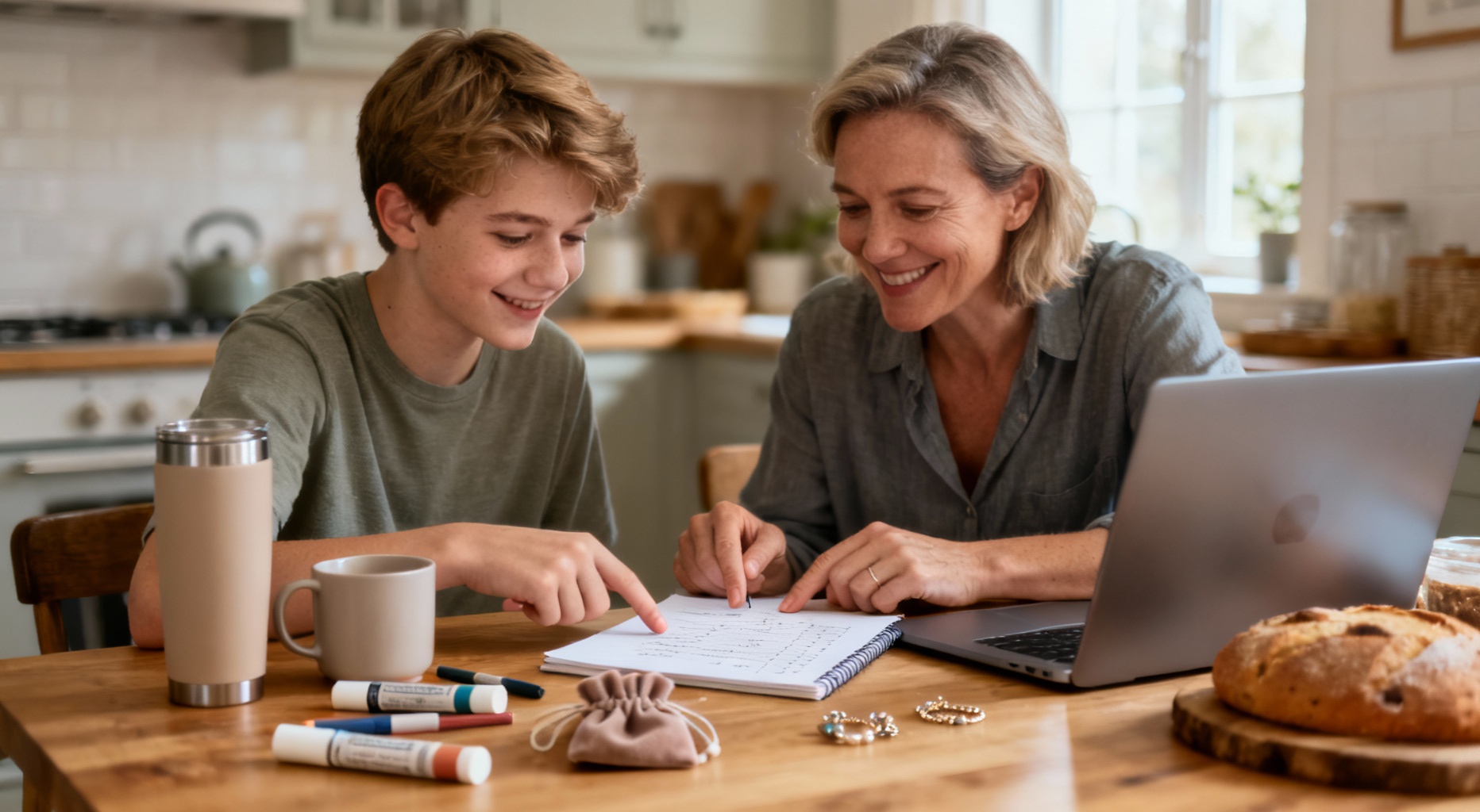 parent et ado planifiant cadeaux
