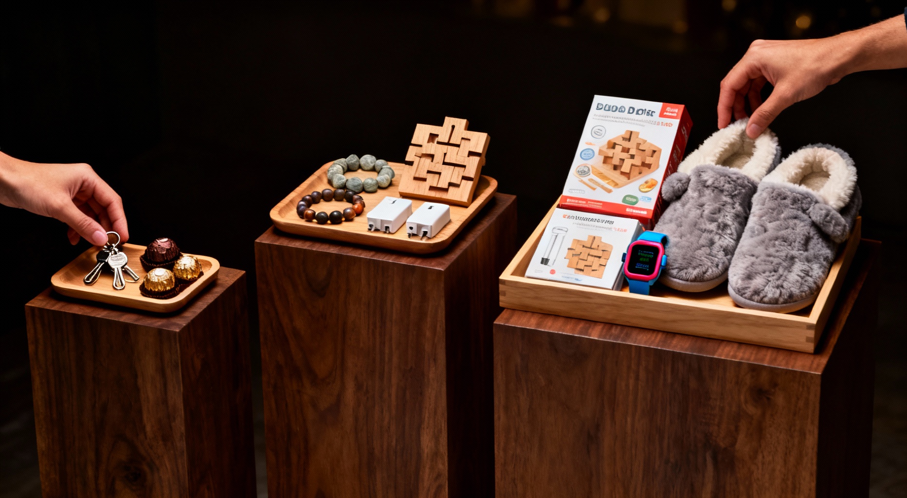 trois plateaux cadeaux sur socles en bois