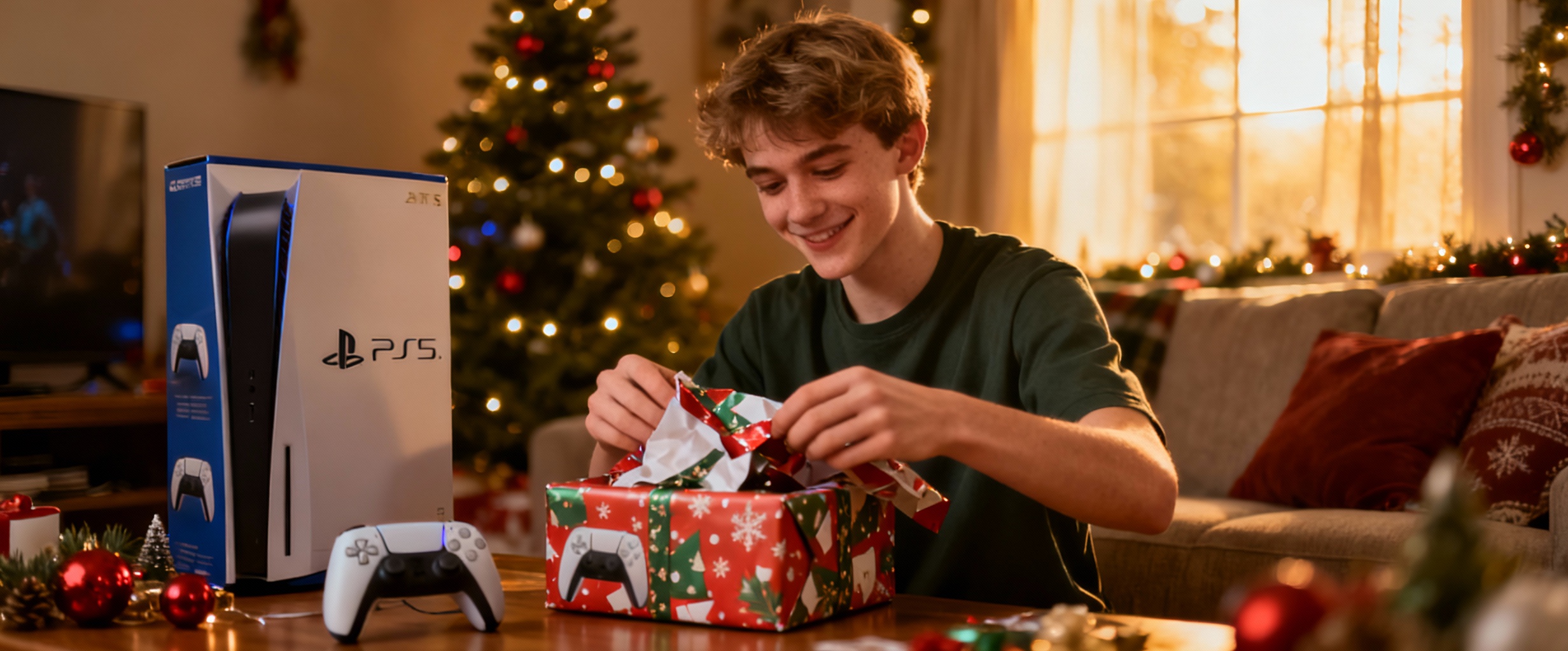 gamer ouvrant cadeau de noel