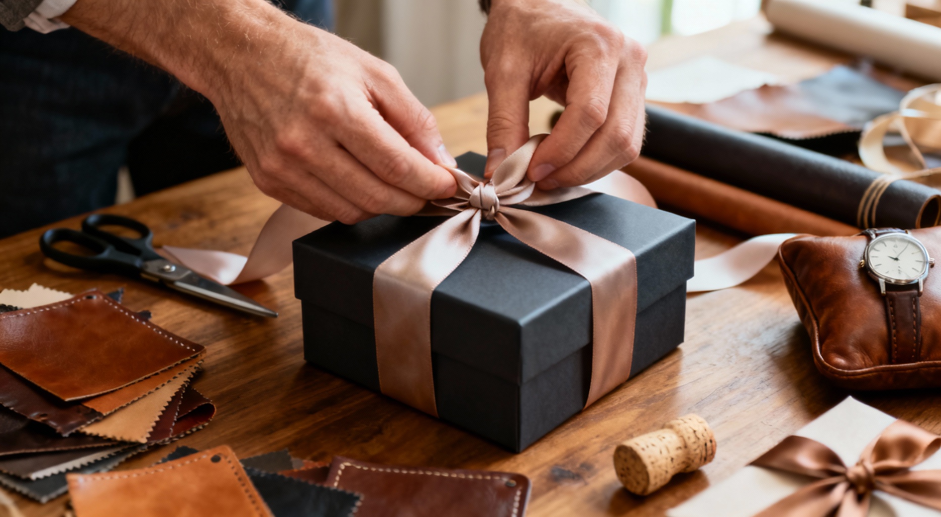 mains nouant ruban sur emballage luxe