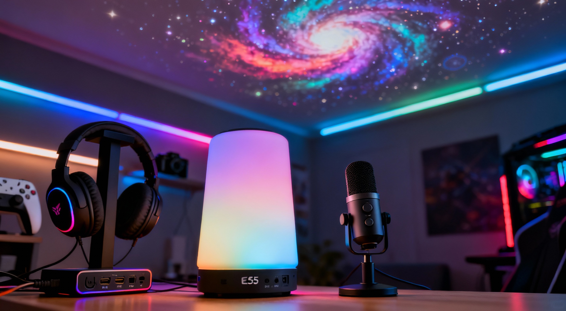 coin console gaming rgb et lampe 3d