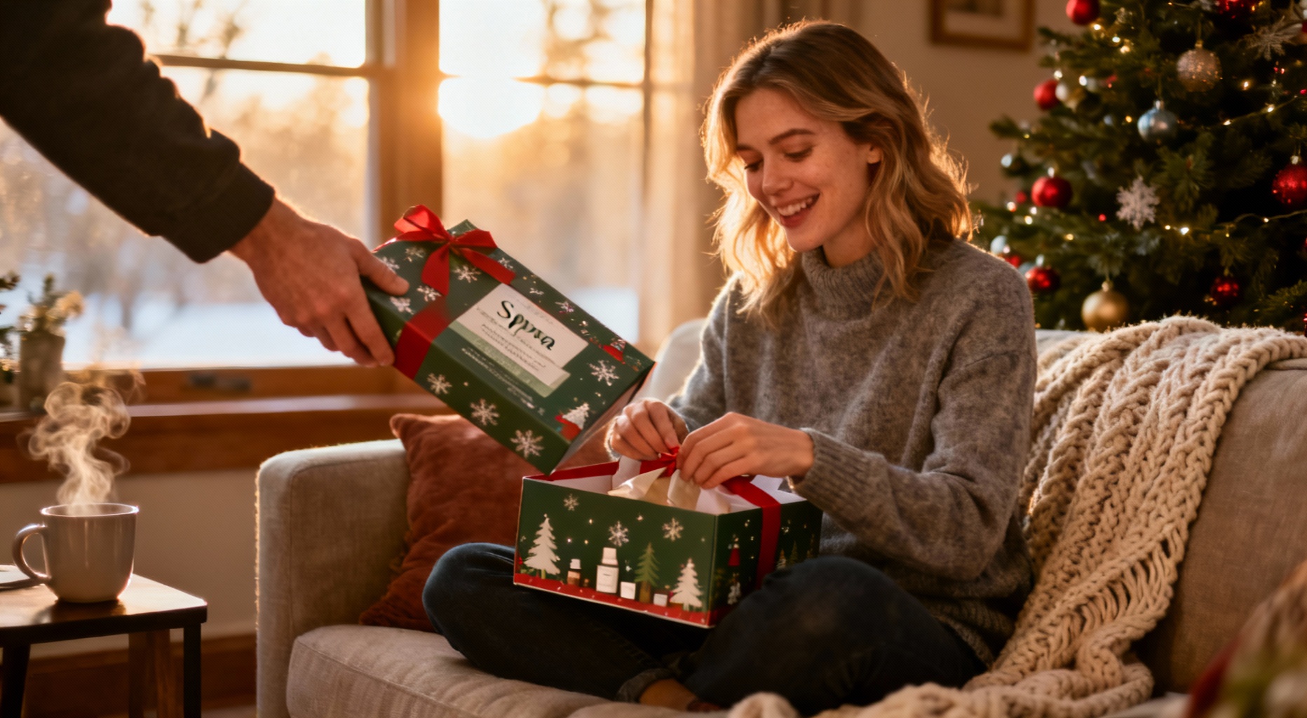 femme recevant coffret spa noel