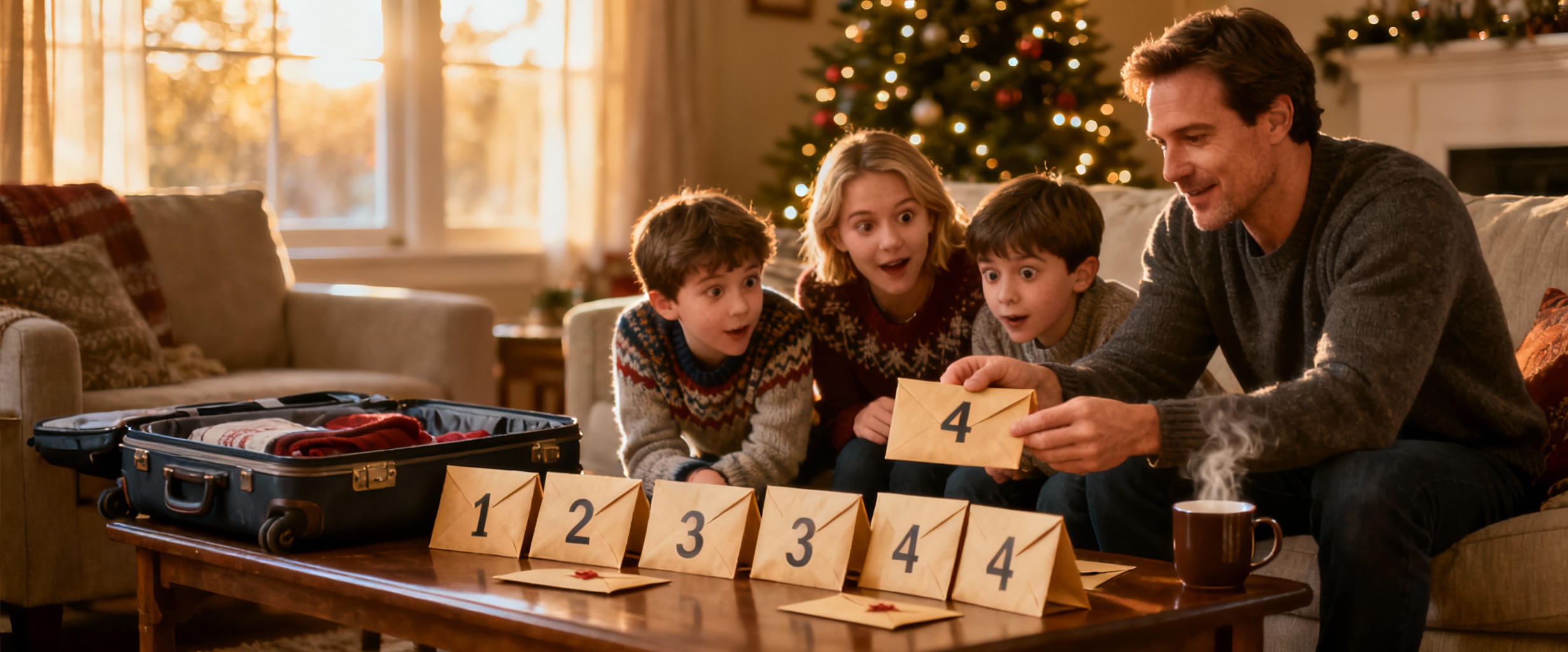 famille joyeuse autour d enveloppes de noel