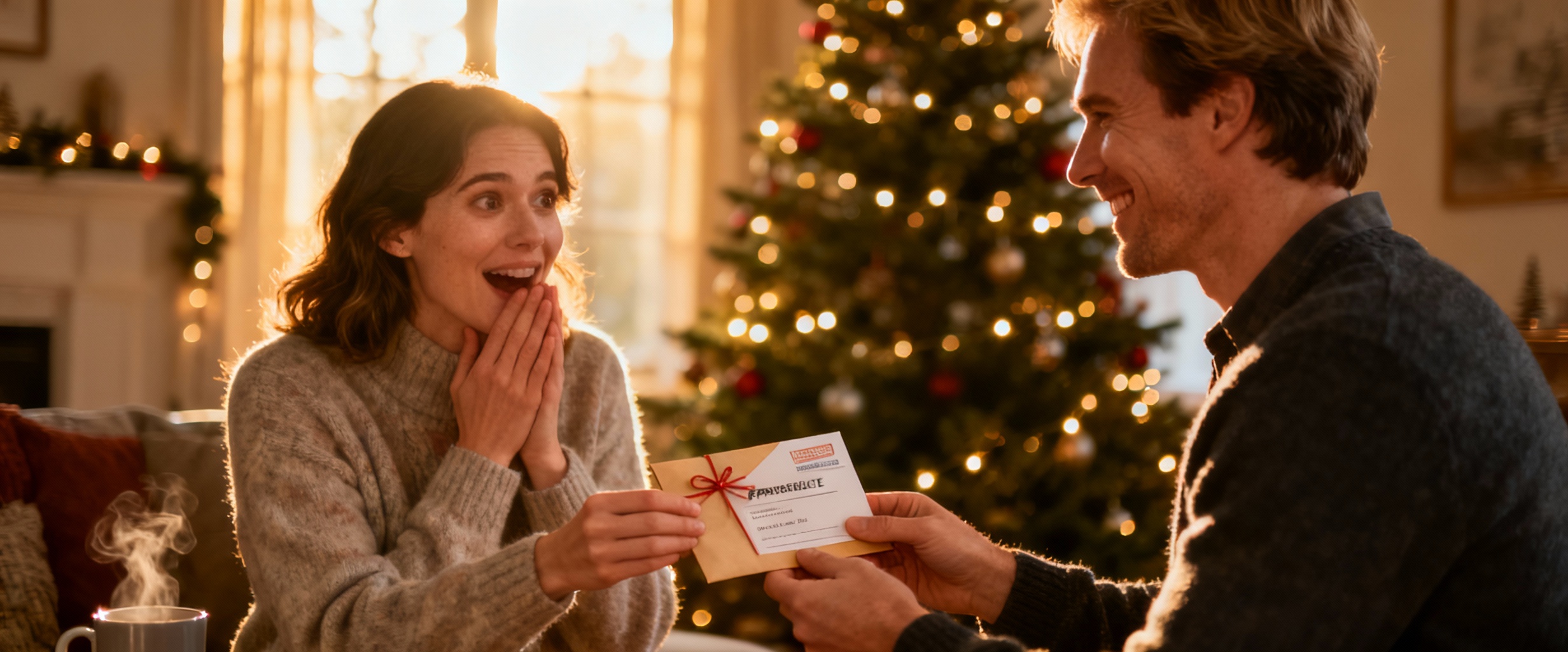 couple echange cadeau experience pres du sapin