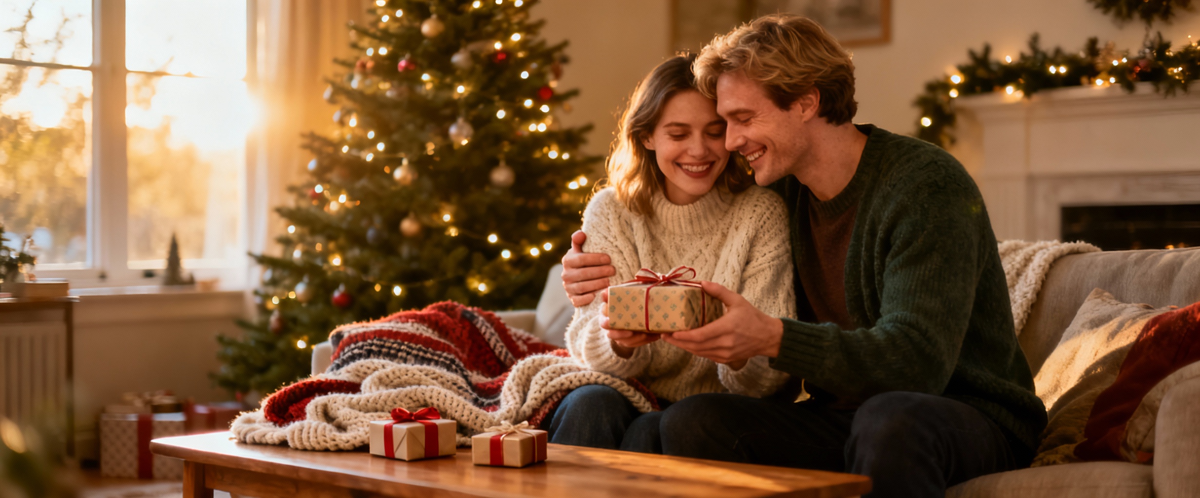 couple echange cadeau pres du sapin