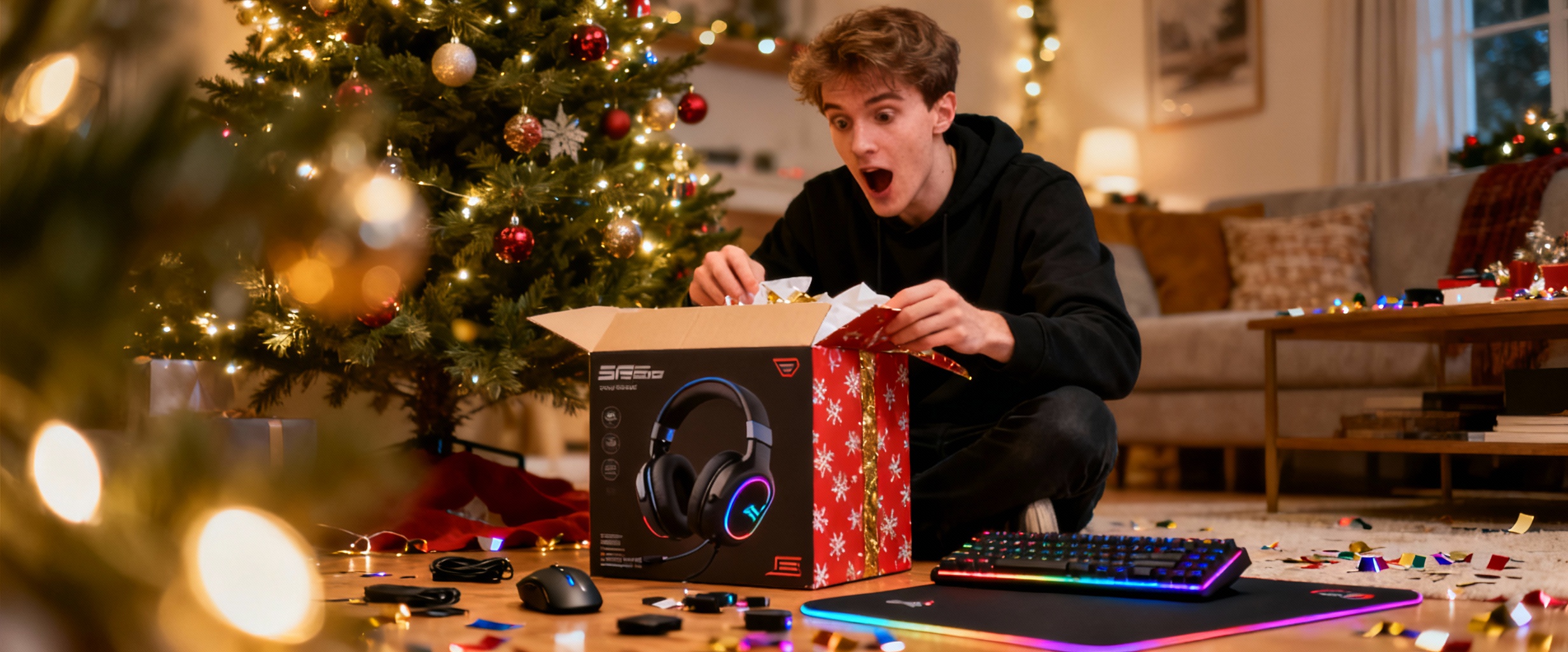 gamer surpris deballant un casque gaming