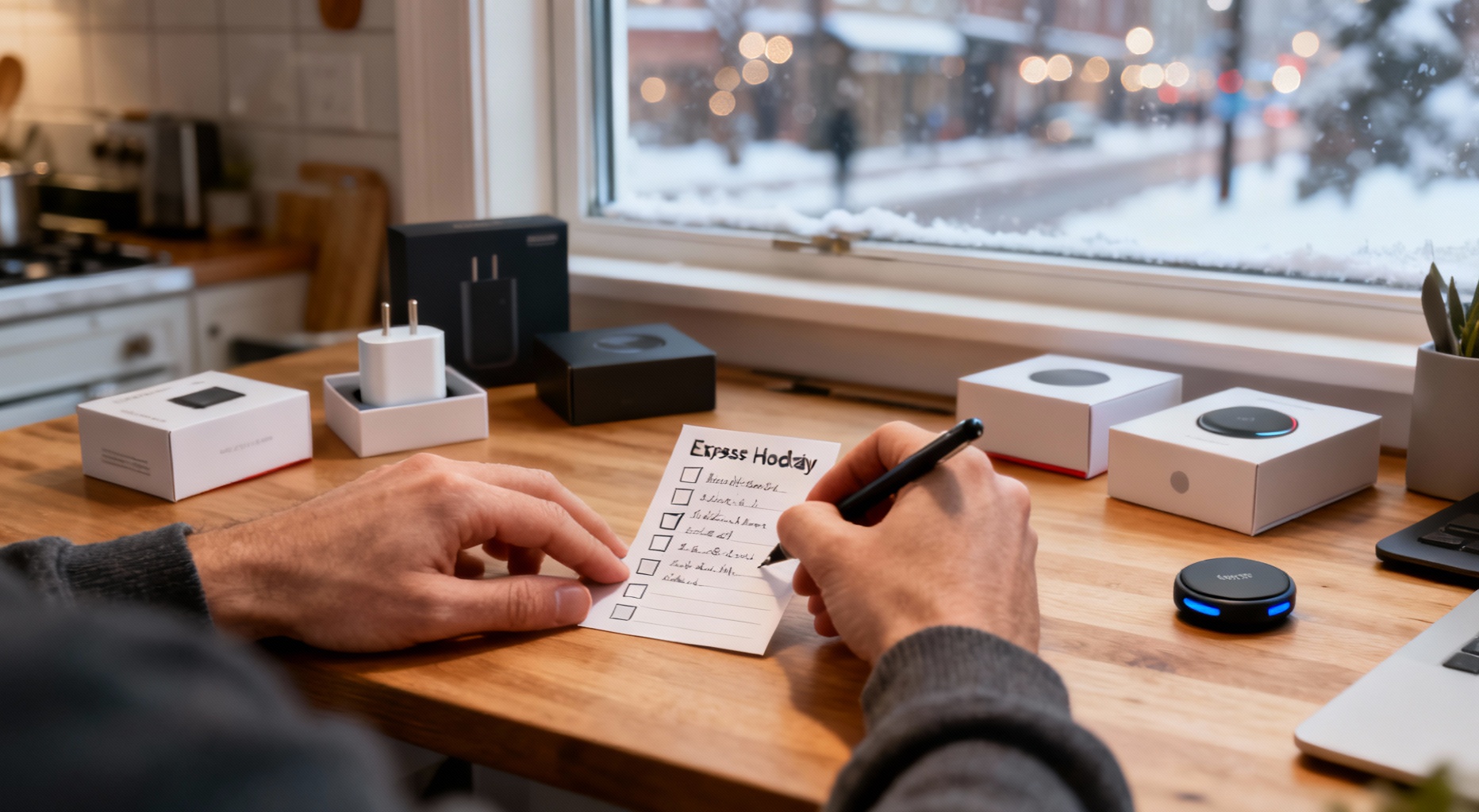 mains sur une liste de cadeaux high tech