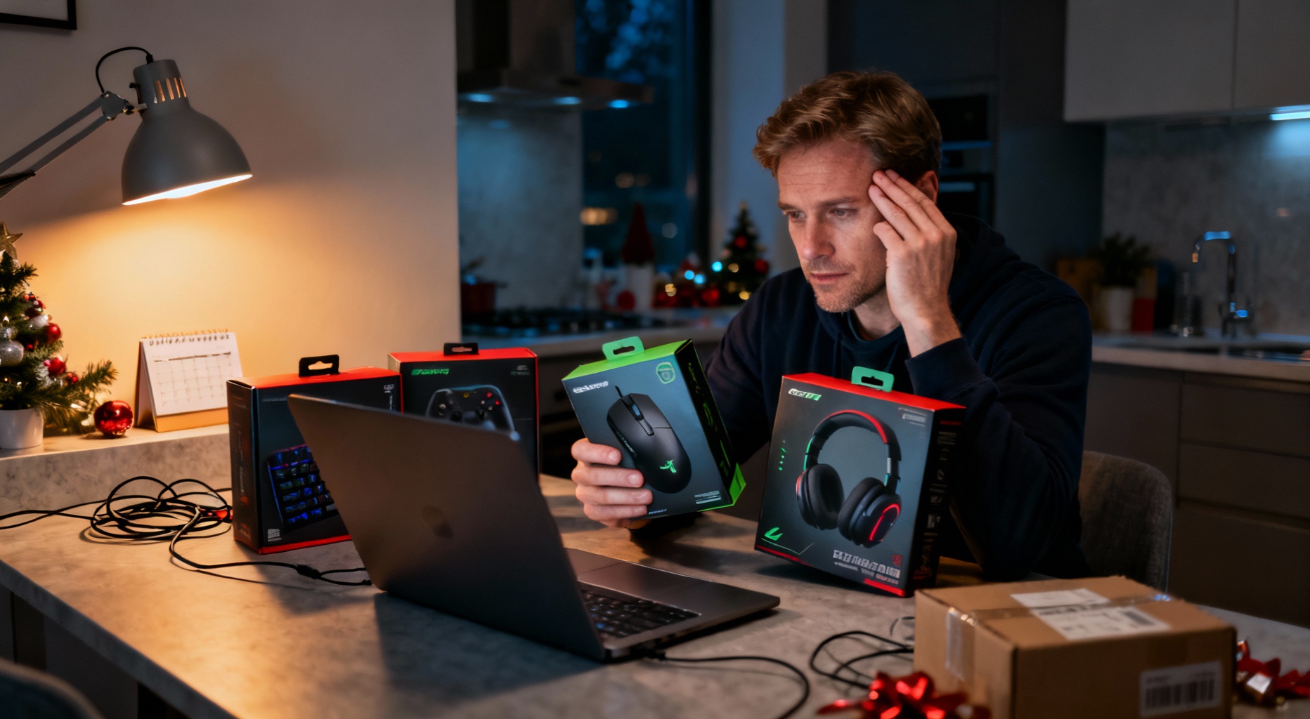 personne caucasienne reflechit au cadeau gaming