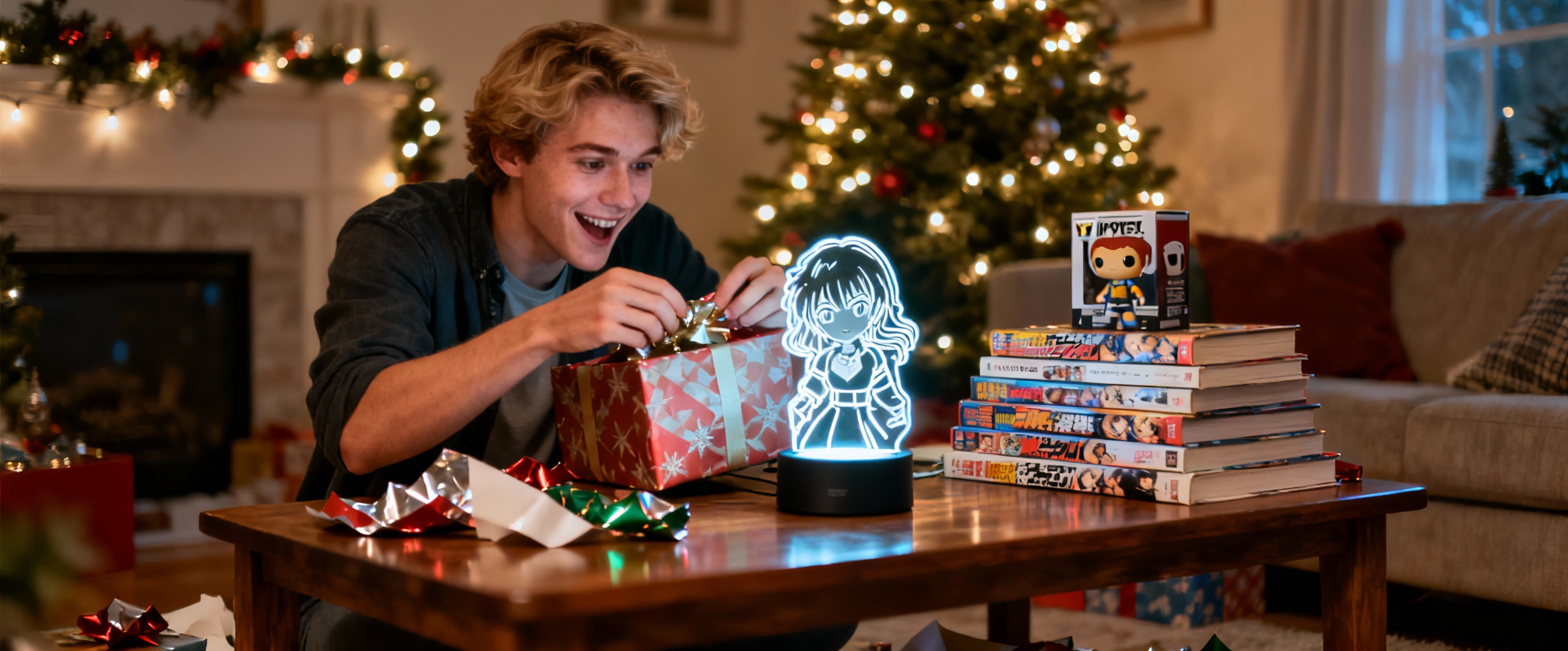 jeune adulte caucasien ouvre cadeau manga