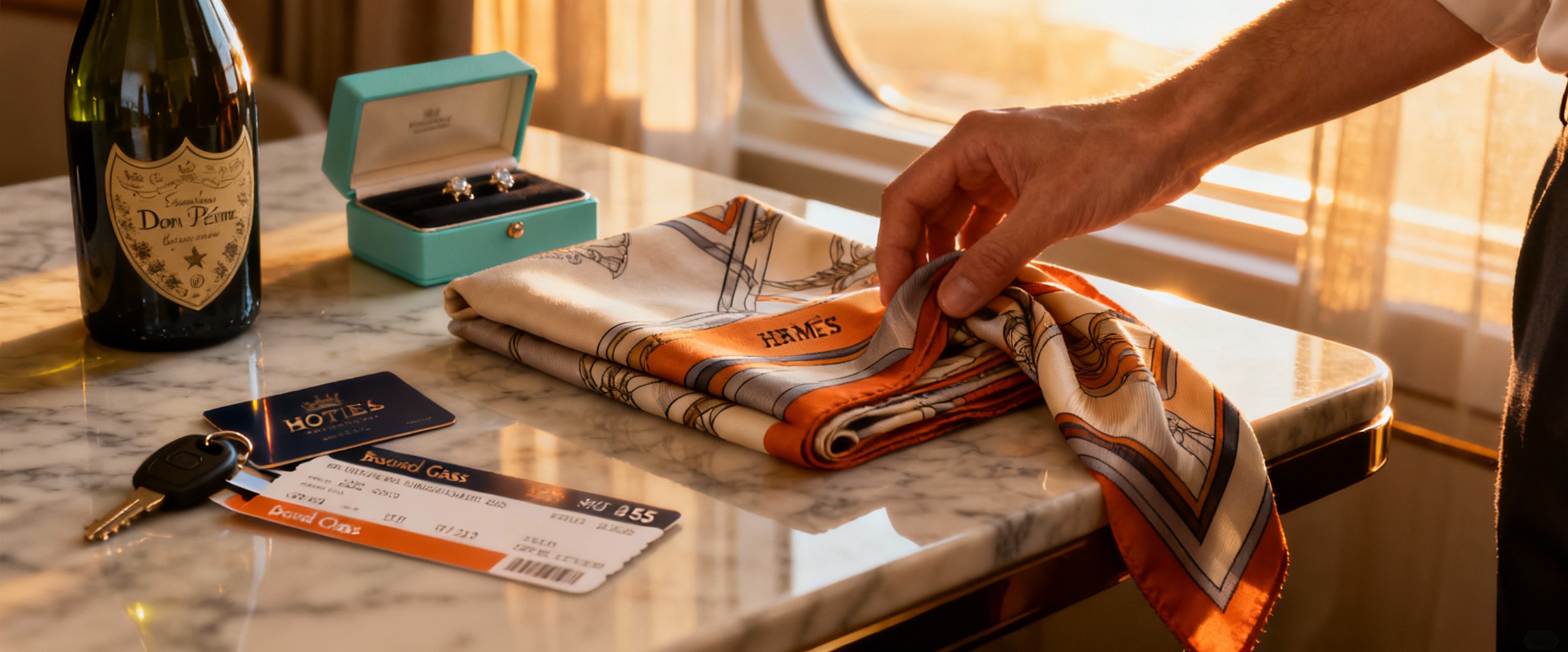 flat lay luxe hermes dom perignon tiffany