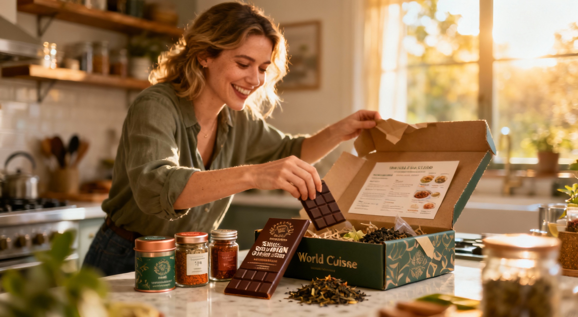 femme caucasienne decouvre coffret cuisine monde