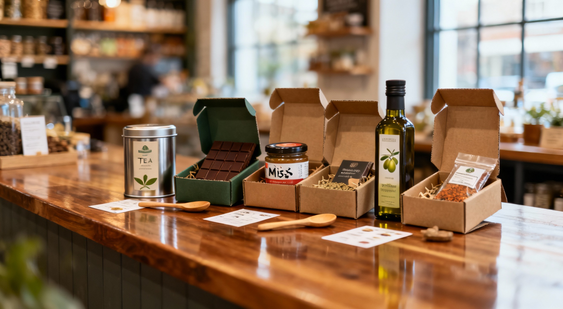 coffrets gourmands du monde sur comptoir