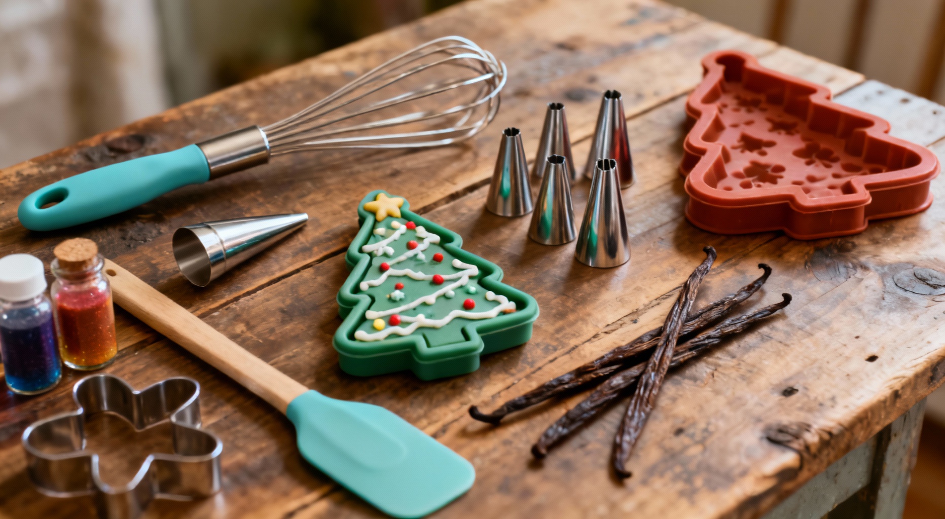 ustensiles patisserie sur table en bois