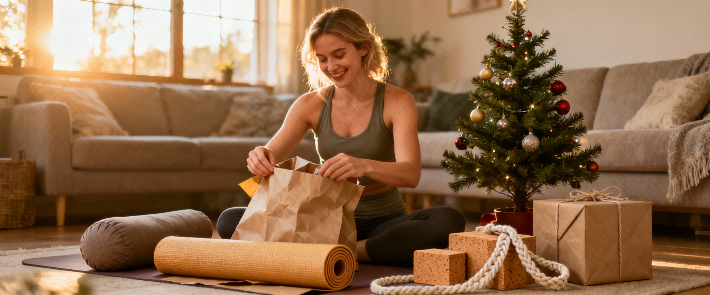 femme heureuse avec cadeaux yoga