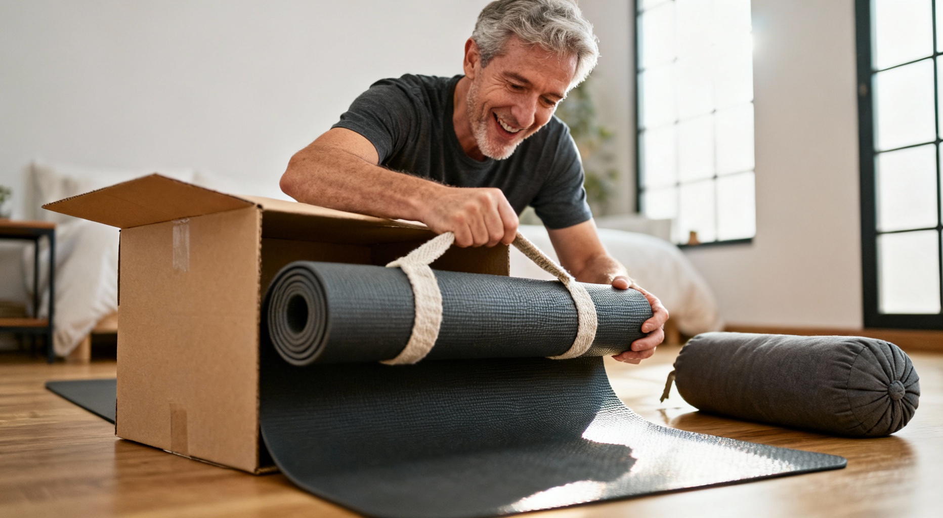 homme recevant cadeau yoga et tapis