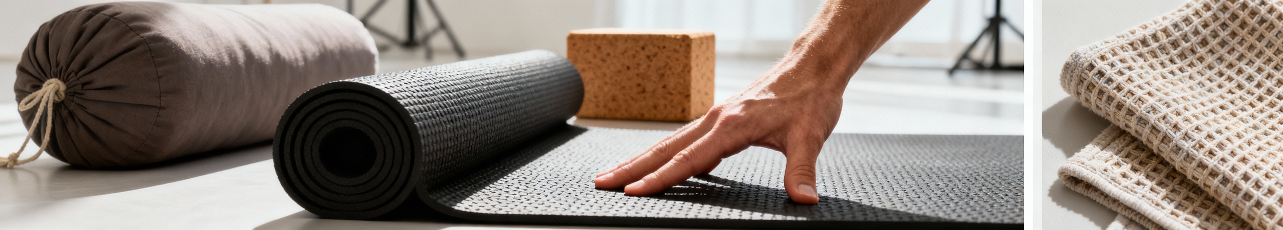 main sur tapis de yoga et bloc liege
