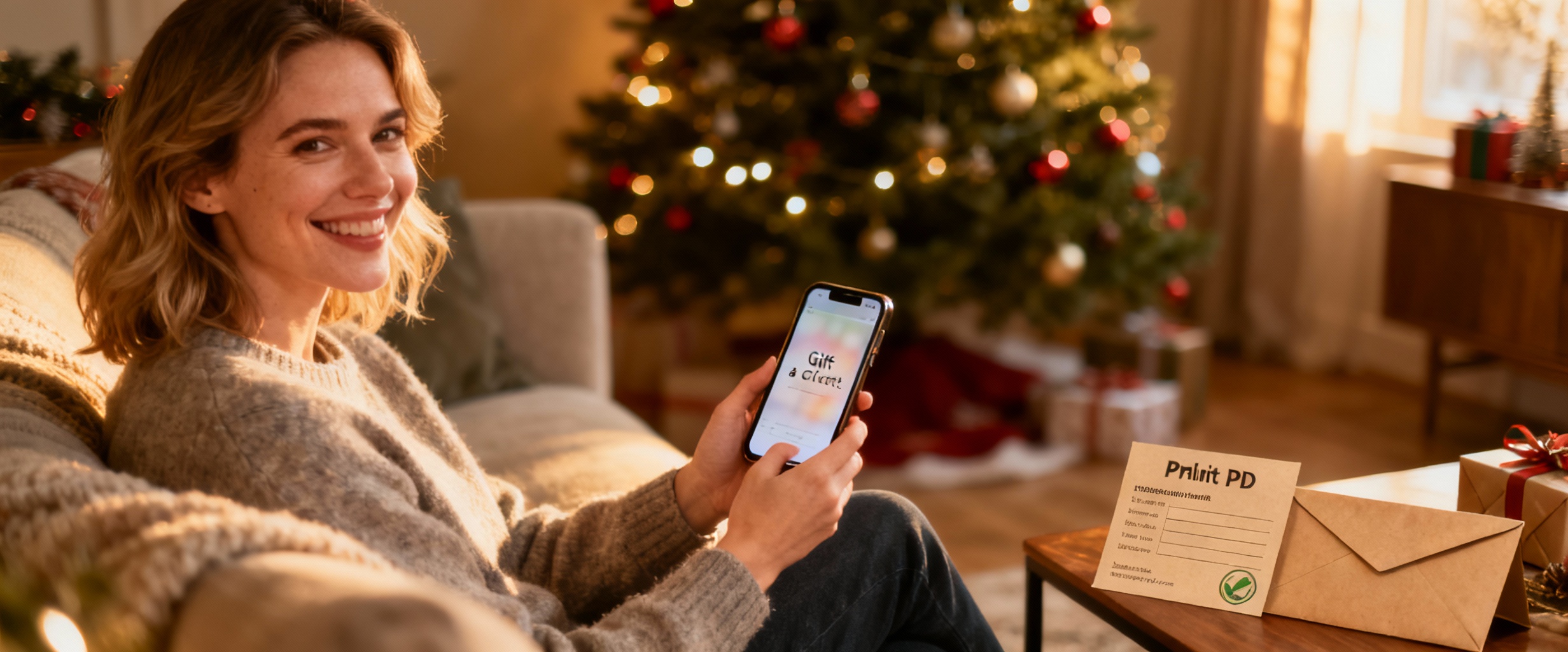femme souriante avec cadeau digital et carte pdf