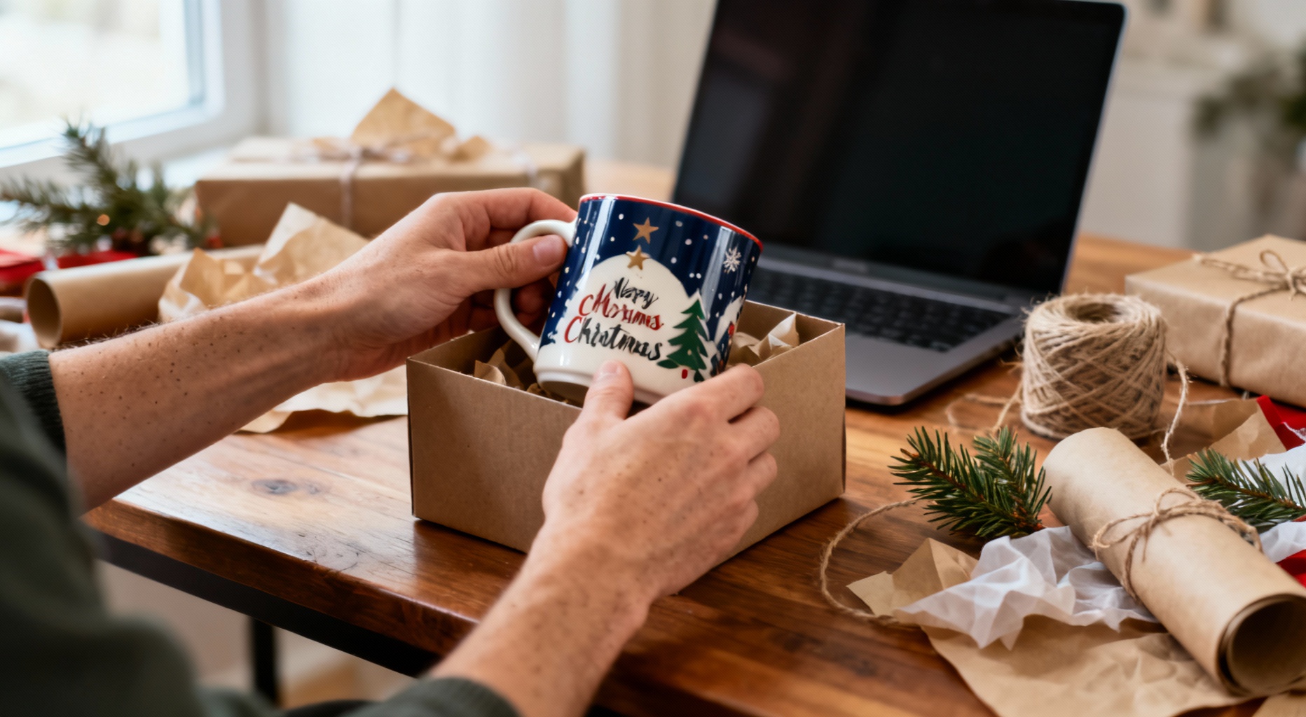 mains posant un mug de noel