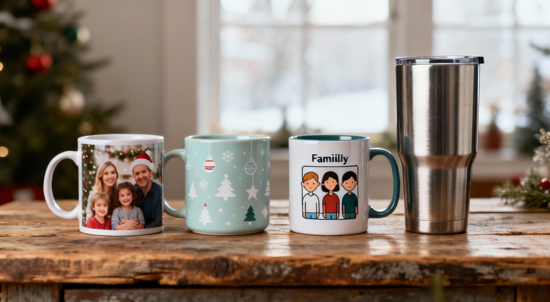 quatre mugs de noel sur bois
