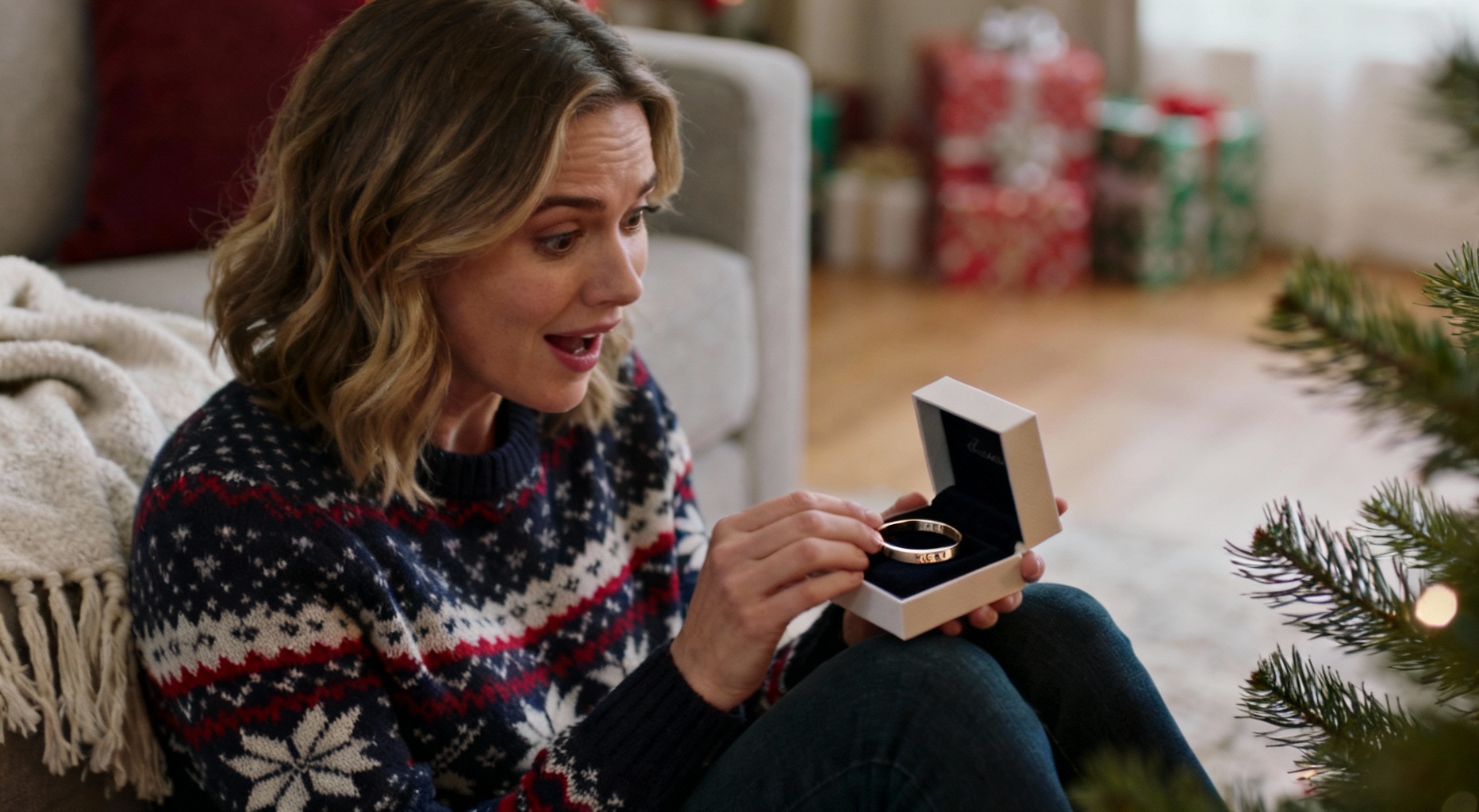 femme decouvre bracelet grave noel