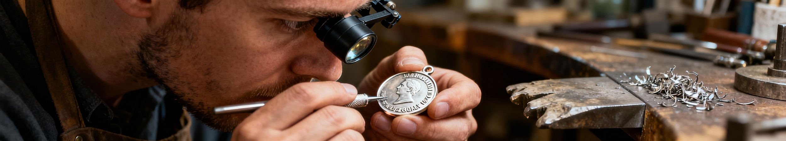 main artisanale gravant une medaille argentee