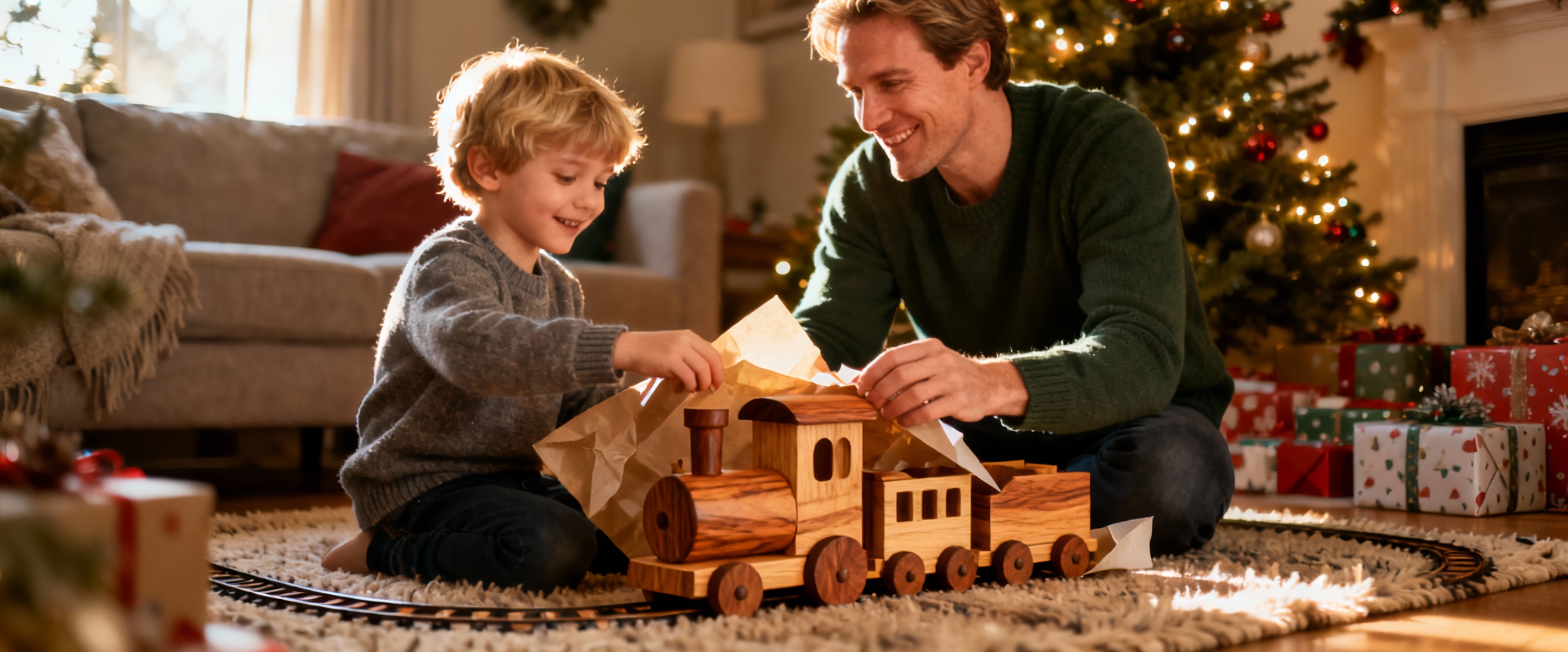 train en bois familial a noel