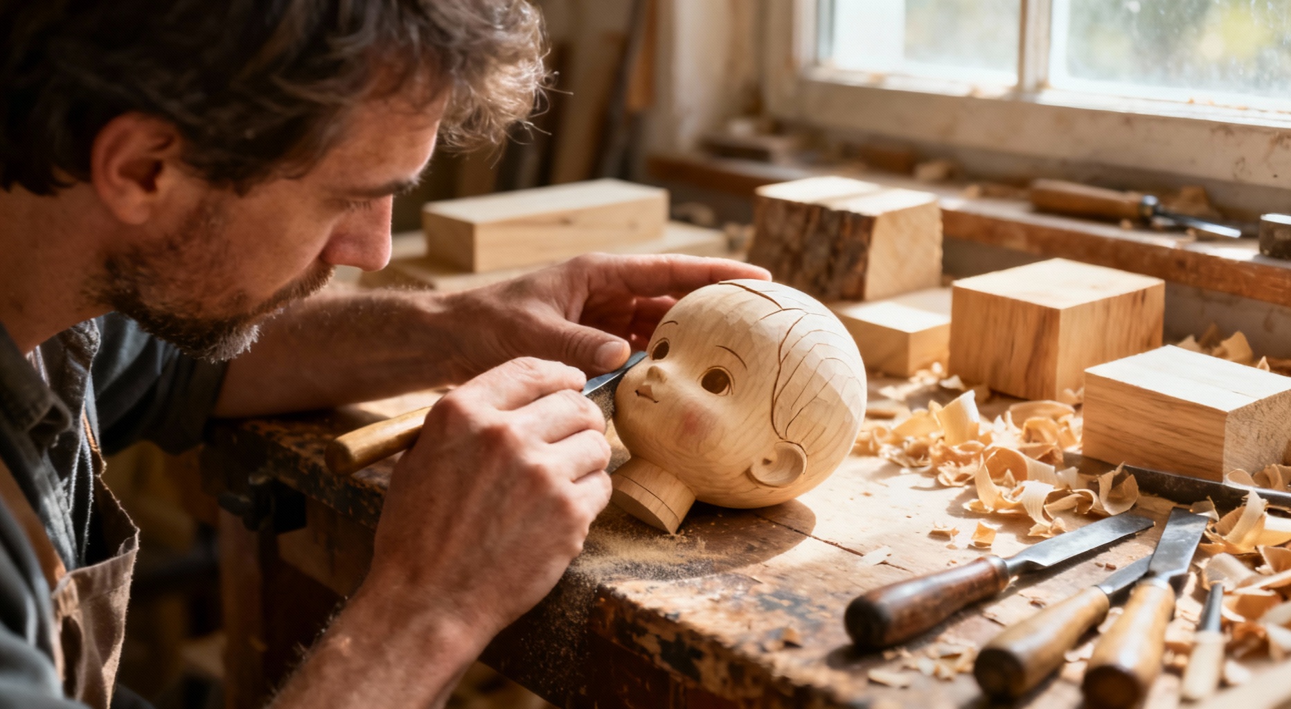 artisan en bois sculptant tete poupee