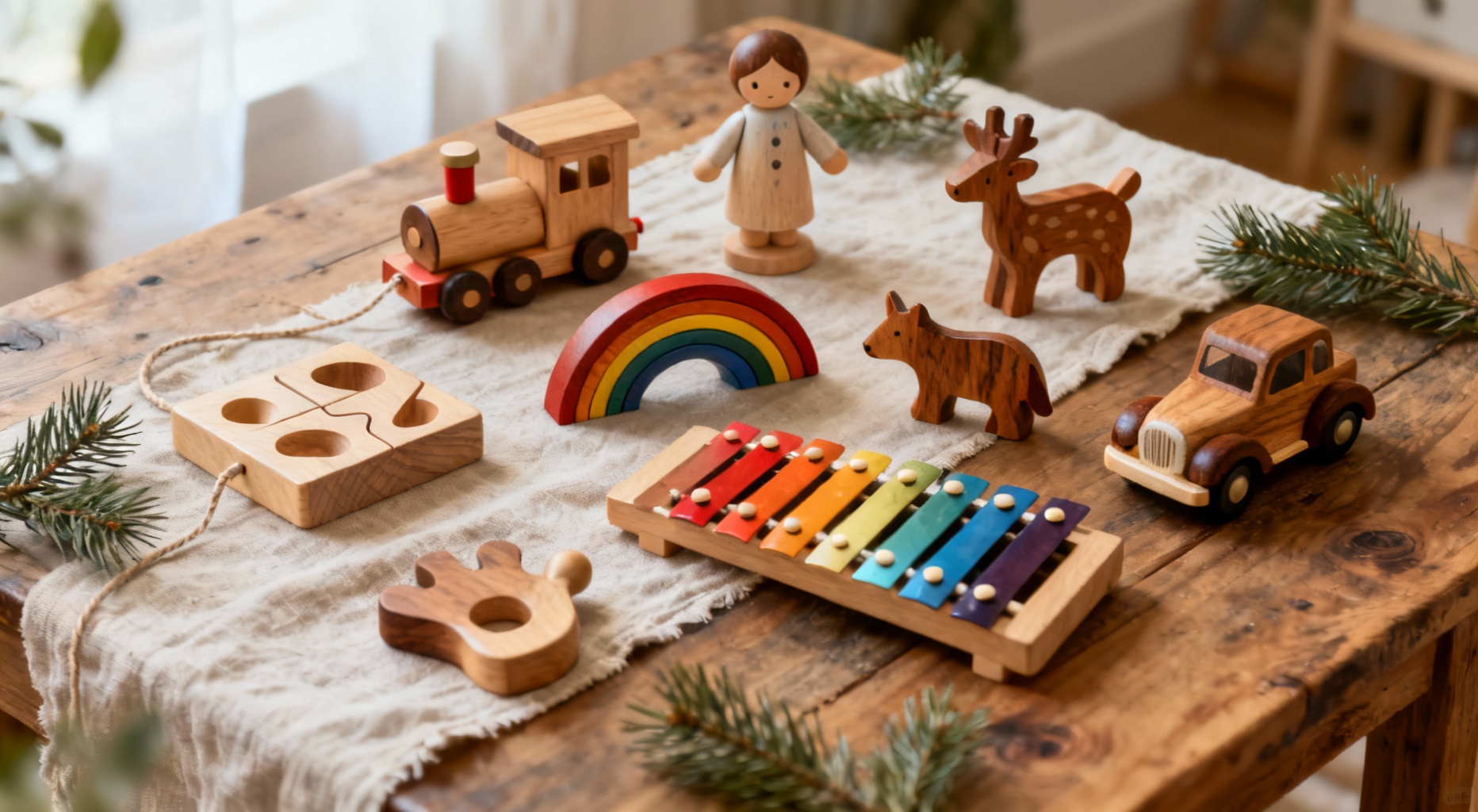sept jouets en bois sur table