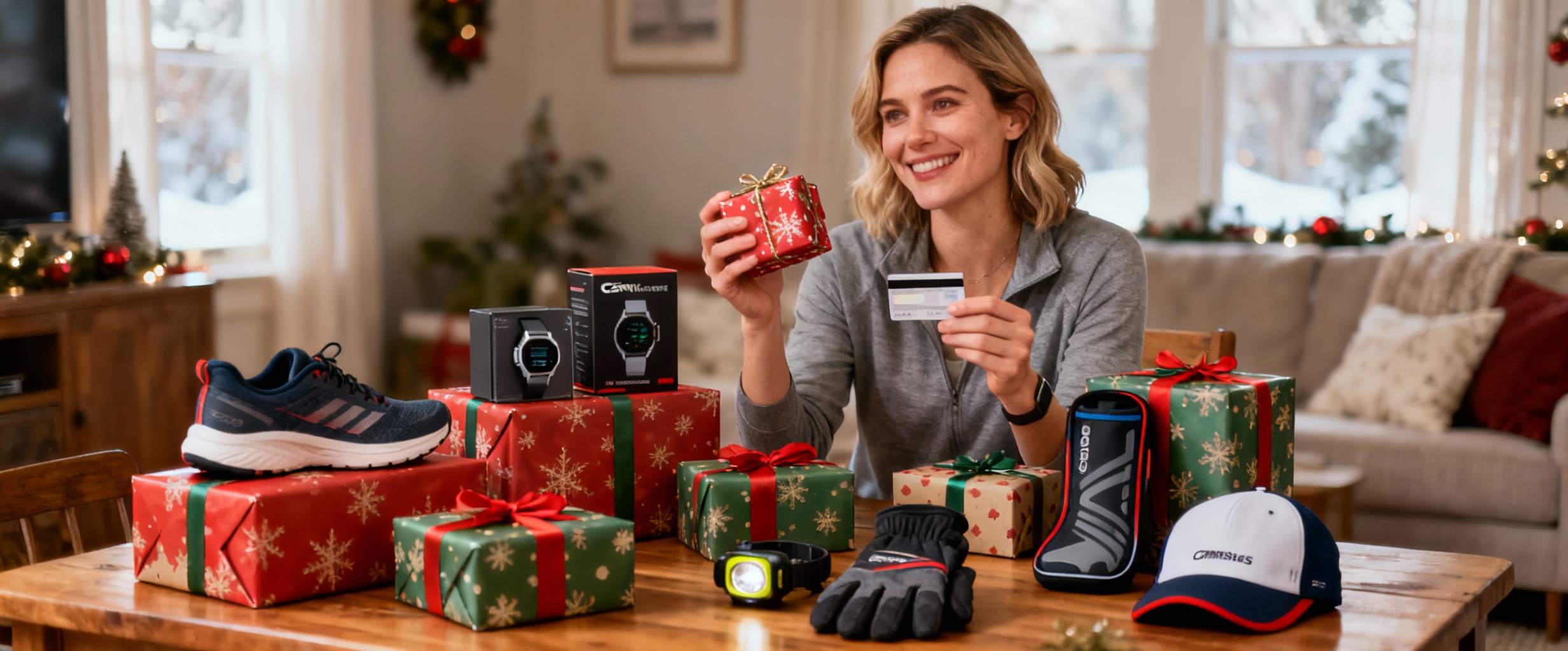 femme souriante avec cadeaux de noel