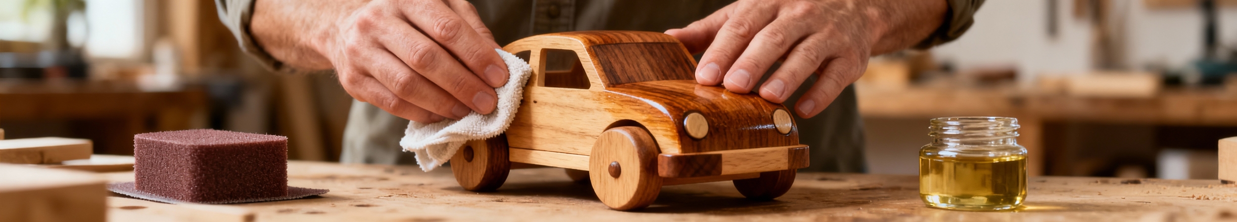 mains huilant une voiture en bois